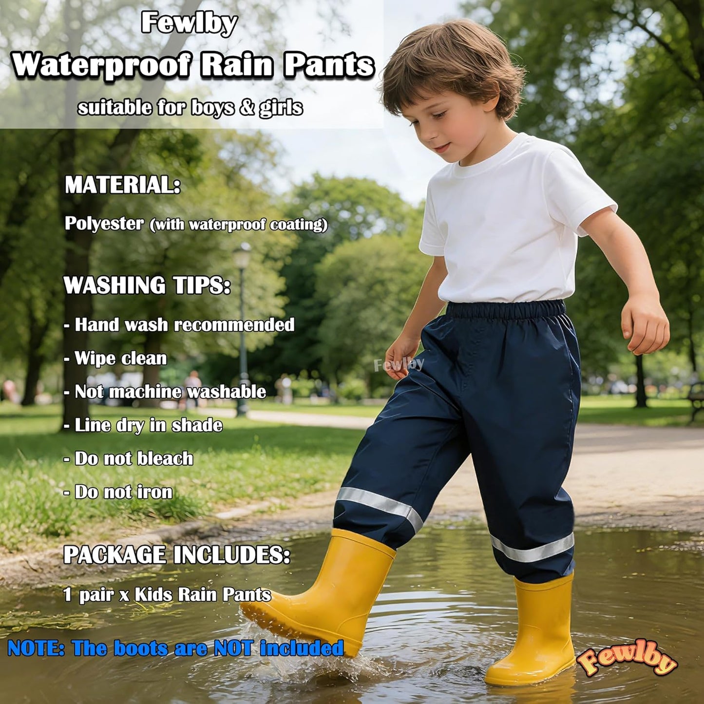 Fewlby Kids' Rain Pants Toddler Waterproof Trousers for Boys Girls