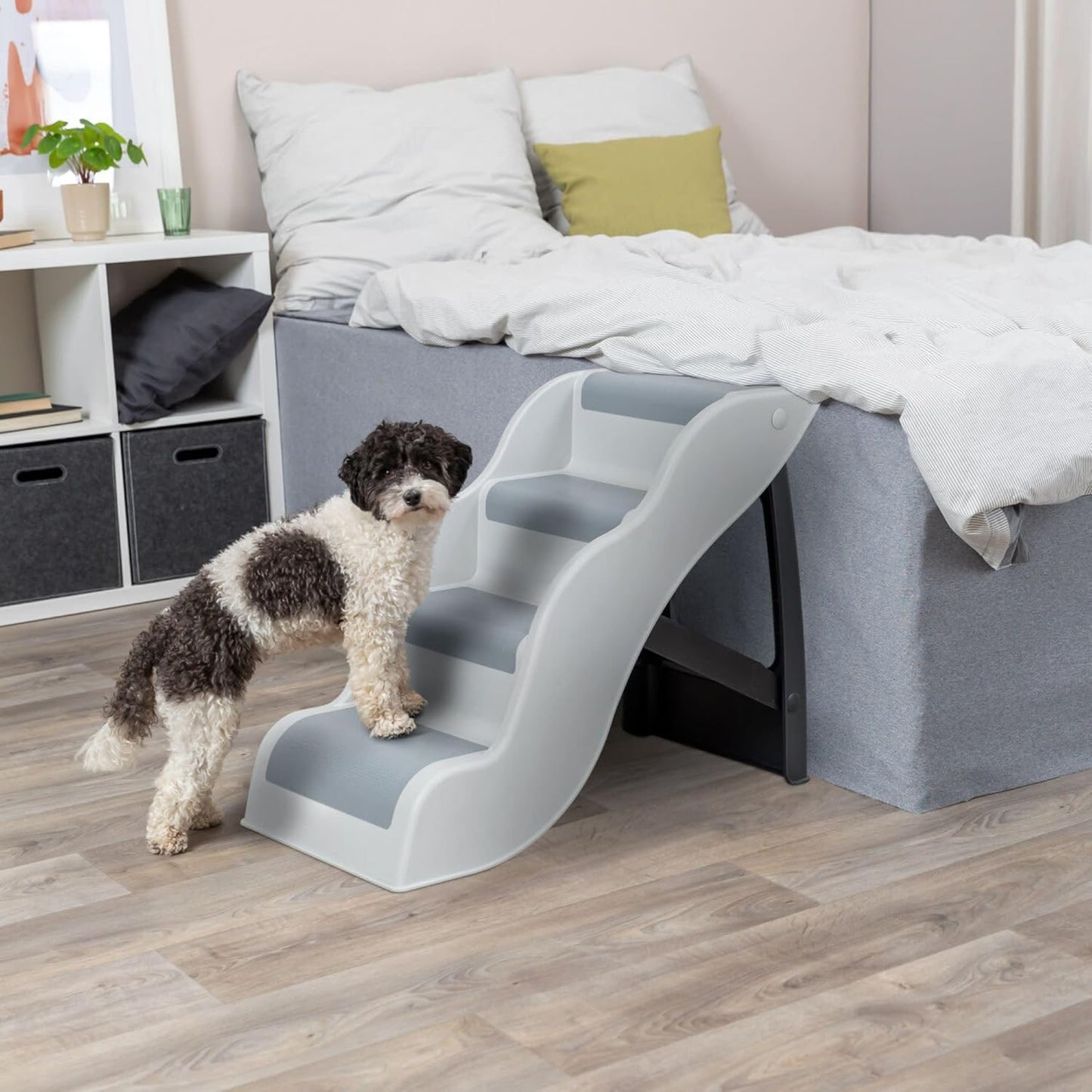 Trixie Lightweight Dog Stairs with Non-Slip Rubber Treads - 4 Step Pet Stairs for Beds and Couches - Foldable and Easy to Store - in Gray