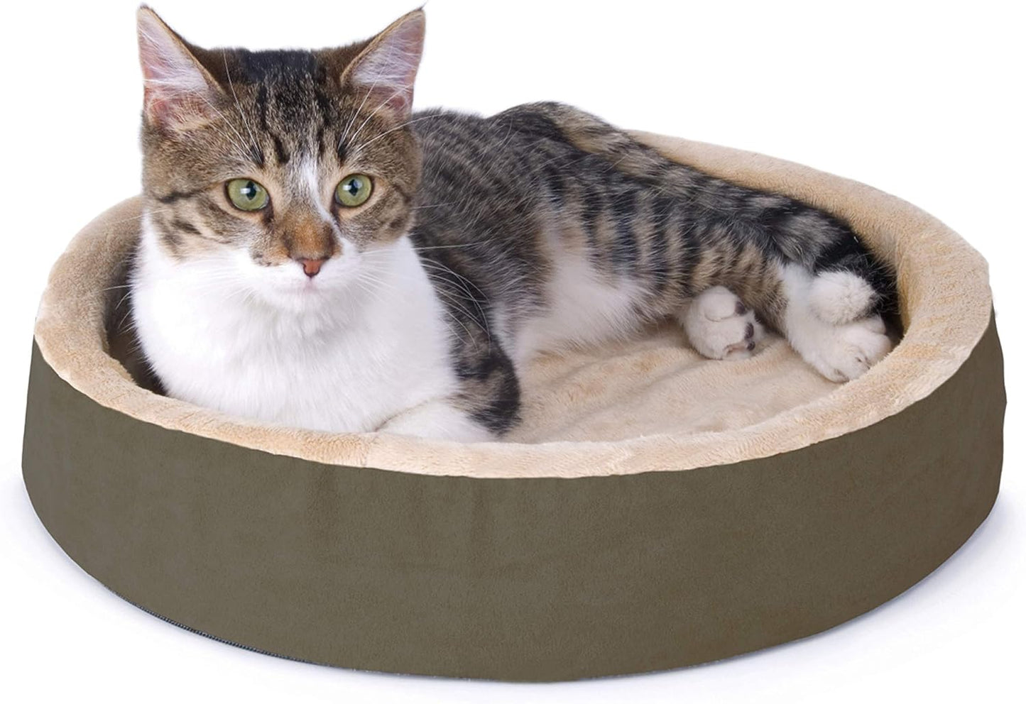 K&H Pet Products Thermo-Kitty Cuddle Up Heated Cat Beds for Indoor Cats & Dogs, Orthopedic Base Warming Pet Bed, Low Sides, Machine Washable, Removable Heated, Safety Listed - 16in Round Mocha/Tan