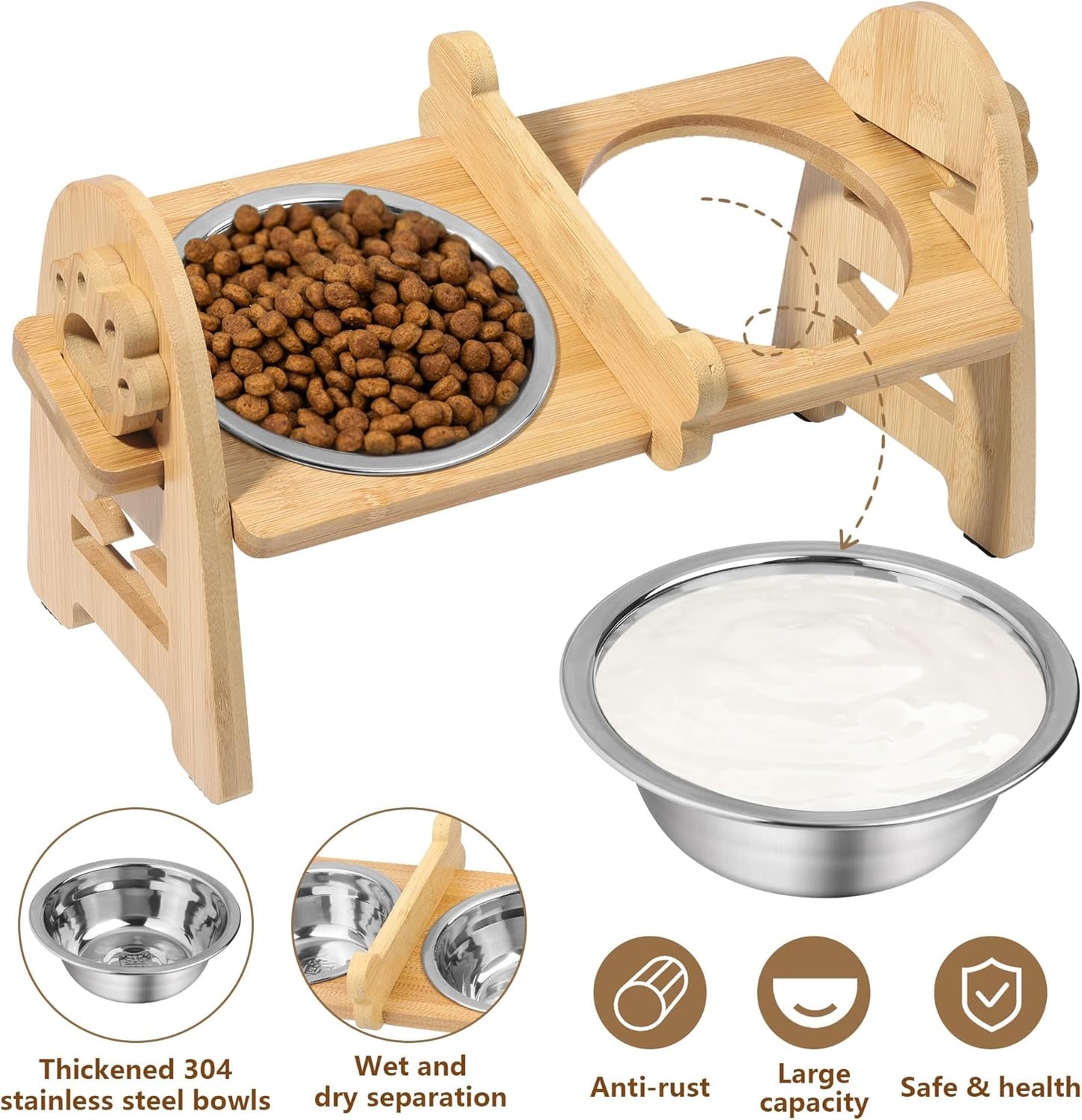 MCEAST Elevated Cat Bowls, Adjustable Raised Dog Bowls Stand with 2 Pieces 304 Stainless Steel Bowls, Bamboo Pet Elevated Bowl Cat Feeder for Newborn Cats Dogs Pets from 4.4 to 11 Pounds