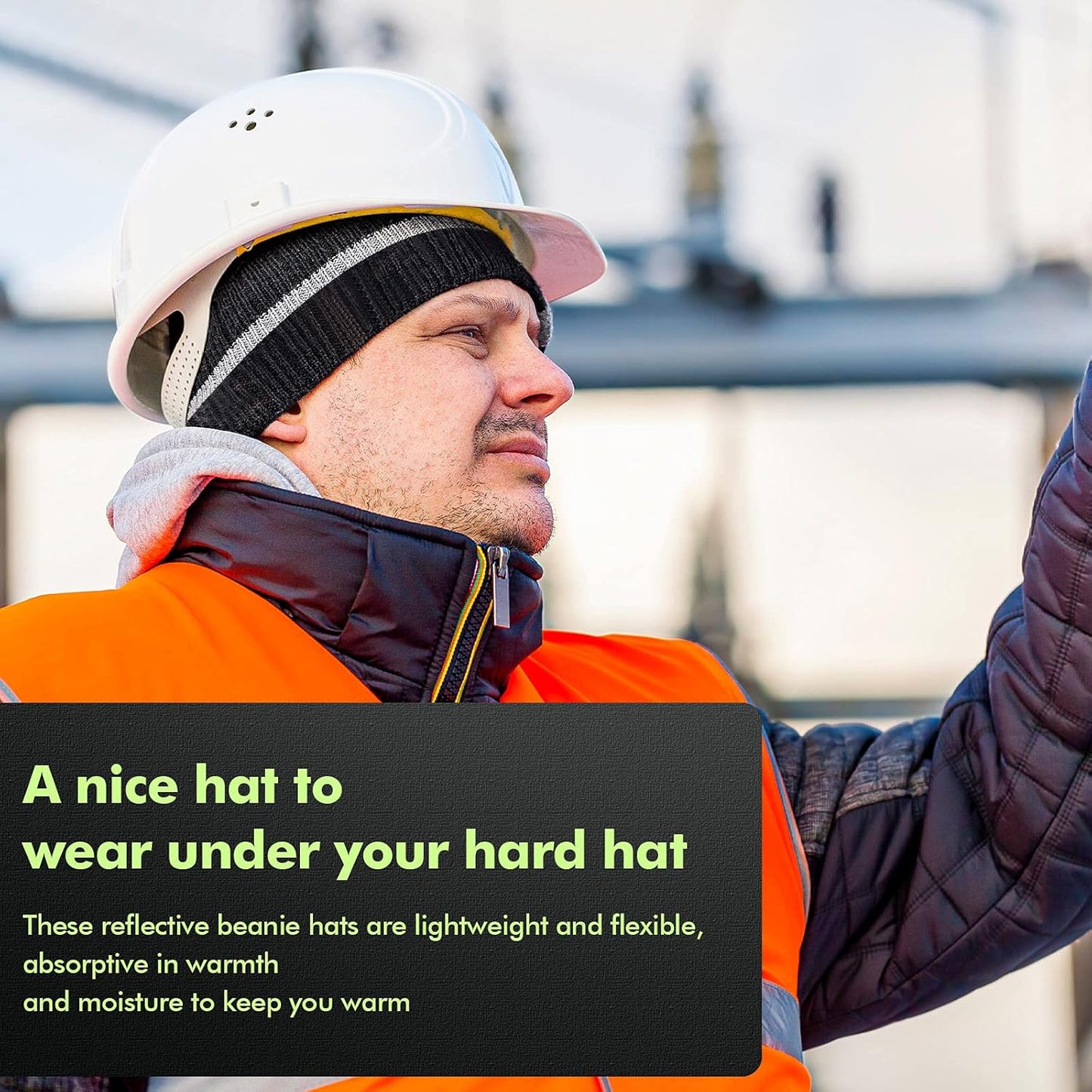 Reflective Knit Hat Safety Beanies Adult High Visibility Beanie Neon Winter Knit Caps with Reflective Stripe