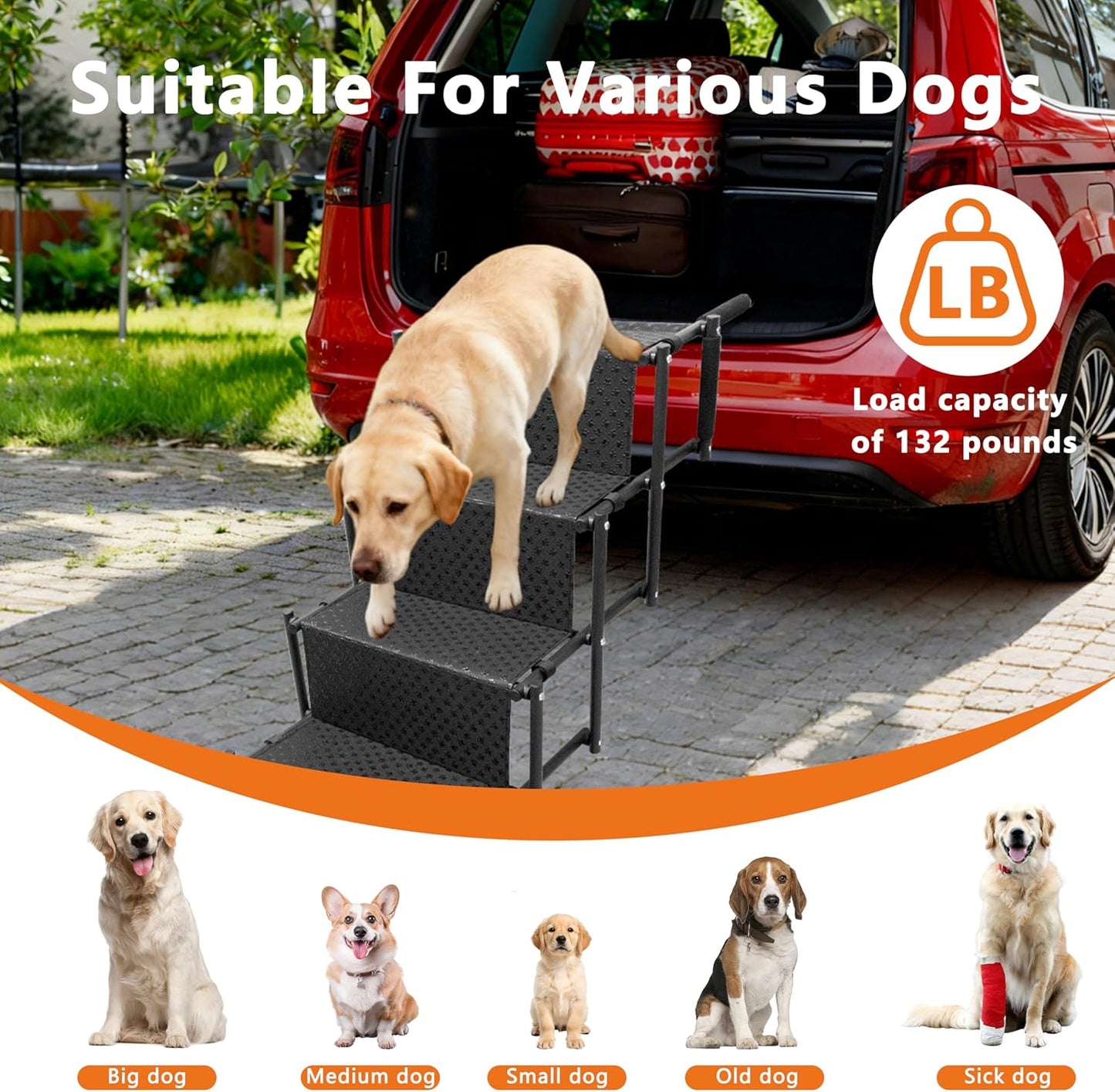 Dog Ramps for Car- Foldable Ramp for Dogs, A Portable Dog Stair Case Suitable for High Places Such As Cars, SUVS, Trucks. Lightweight, Non Slip, Can Support Up to 200 Lbs (5 Steps)