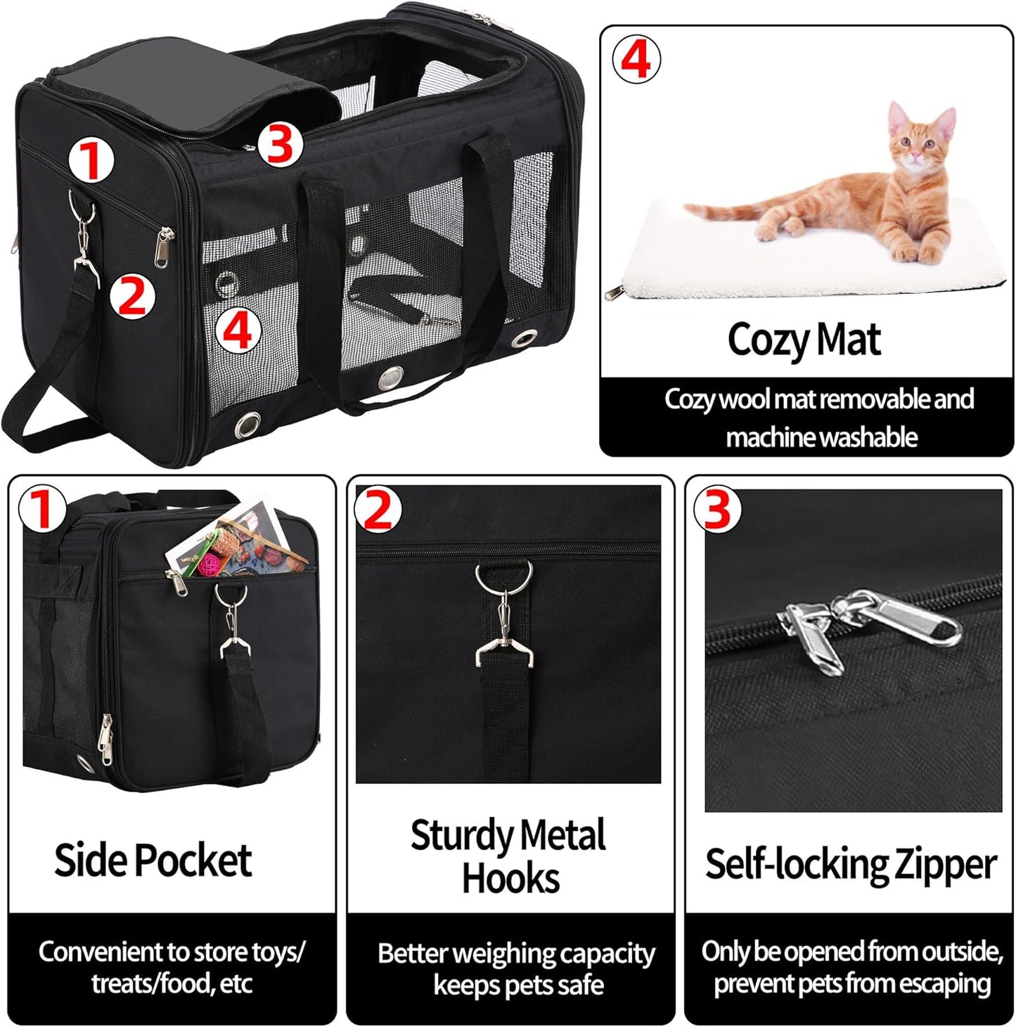 Soft Sided Cat/Dog Carrier，Collapsible Mesh Pets Travel Carriers for Pet/Puppy with Shoulder Strap & Removable Mat，Top Load Small Dogs/Cats Carry Bag Up to 25 Lbs（Black - L）