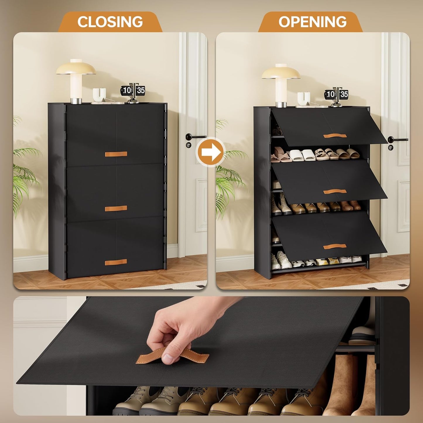 6-Tier Shoe Storage Cabinet with Hard Flip Doors, Fabric Cover, Holds 18–24 Pairs, Enclosed Dustproof Shoe Rack Organizer for Entryway, Closet & Bedroom, Shoe Shelf, Black, 27.8" x 12.0" x 41.9"