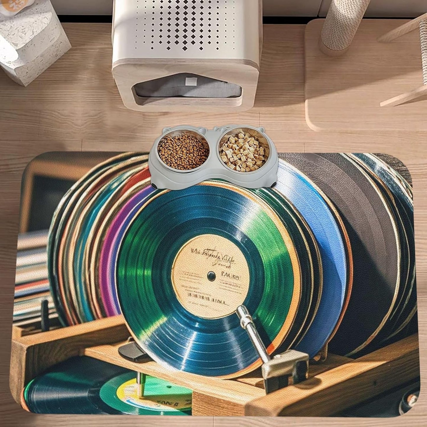Pet Feeding Mat Leather Dog Food Mat Waterproof Pet Tablecloth Vinyl Records Pet Placemat for Dogs Absorbent Dog Bowl Mat Anti-Slip Dogs Mats for Food and Water