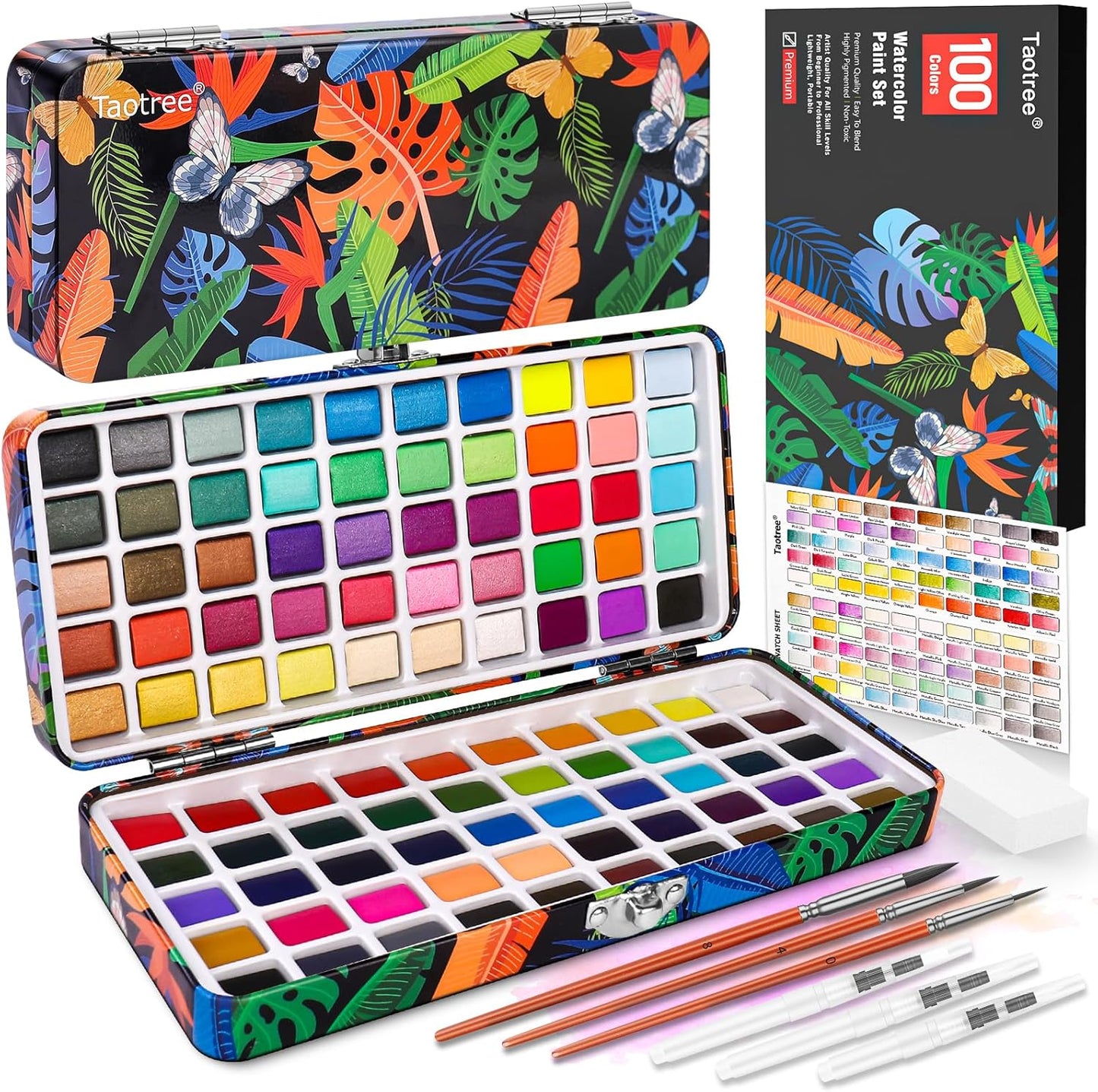 Taotree Watercolor Paint Set 100 Colors, Art Supplies Watercolors Kit Travel Water Colors with 3 Paints Brushes, Crafts Painting Supplies, Drawing for Adults Artist Drawing, Painting