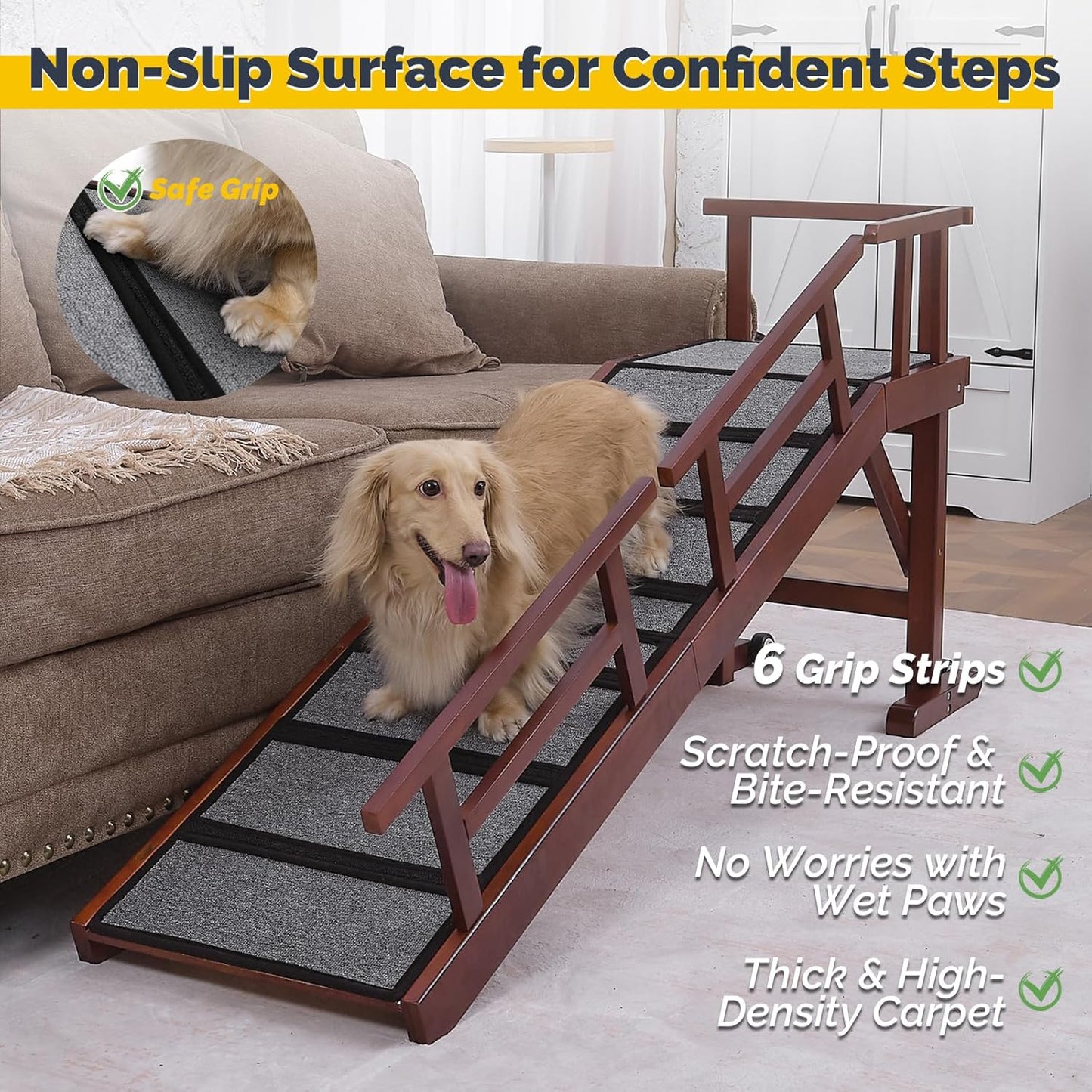 Dog Ramp for Bed or Couch, Wooden Pet Ramp with 20° Gentle Slope, Removable Side Rails, Non-Slip Surface, Top Platform & Wheels, Safe Bed Ramp for Small, Large & Senior Dogs, 60" Long, Mahogany