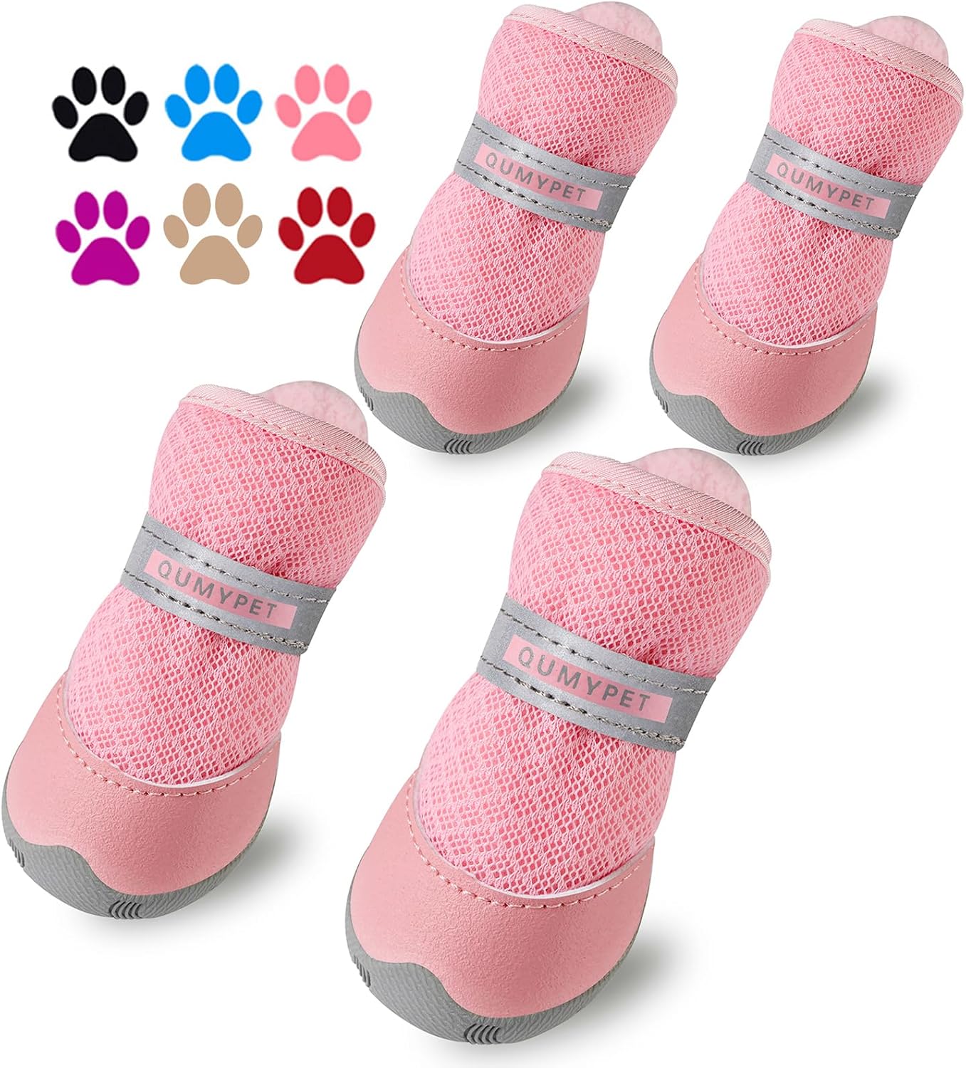 QUMY 4PCS Dog Shoes for Small Dogs, Hot Pavement Summer Puppy Dog Boots & Paw Protectors with Soft Anti-Slip Rubber Sole, Mesh Breathable Dog Booties for Hardfloors, Walking Running Pink Size 4