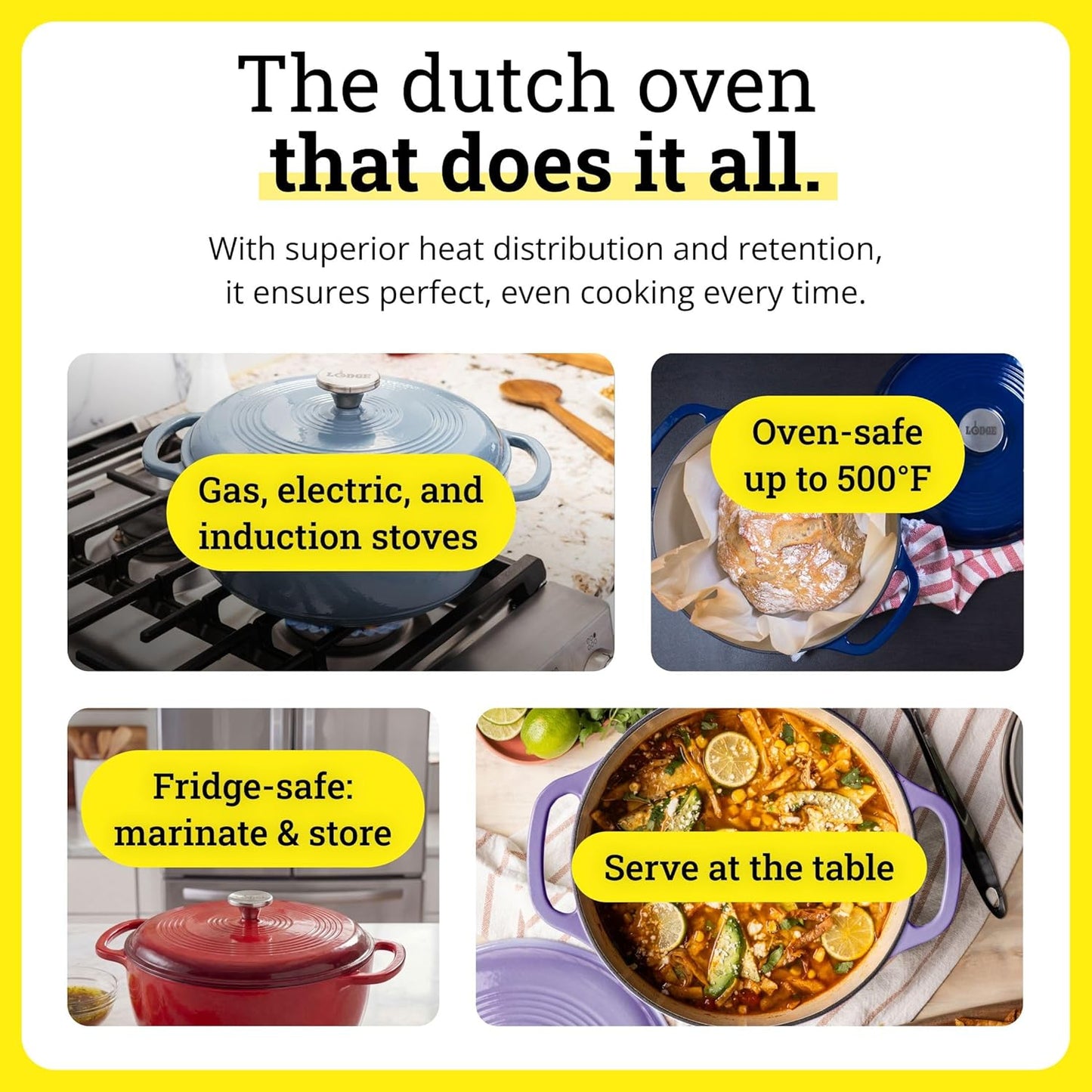 Lodge Essential Enamel Cast Iron Dutch Oven - Perfect for Bread Baking, Braising, Marinating & Slow Cooking - Features Moisture-Sealing Lid & Dual Handles - Kitchen Essentials - 6 Quarts - Island Spice Red