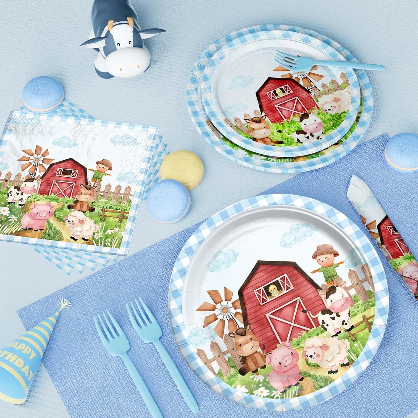 Farm Birthday Party Supplies for Boys Tableware Set, Farm Birthday Decorations, Farm Animal Birthday Décor Boy, Blue Farm Animal Themed Plates Napkins Forks, Serves 24 Guests