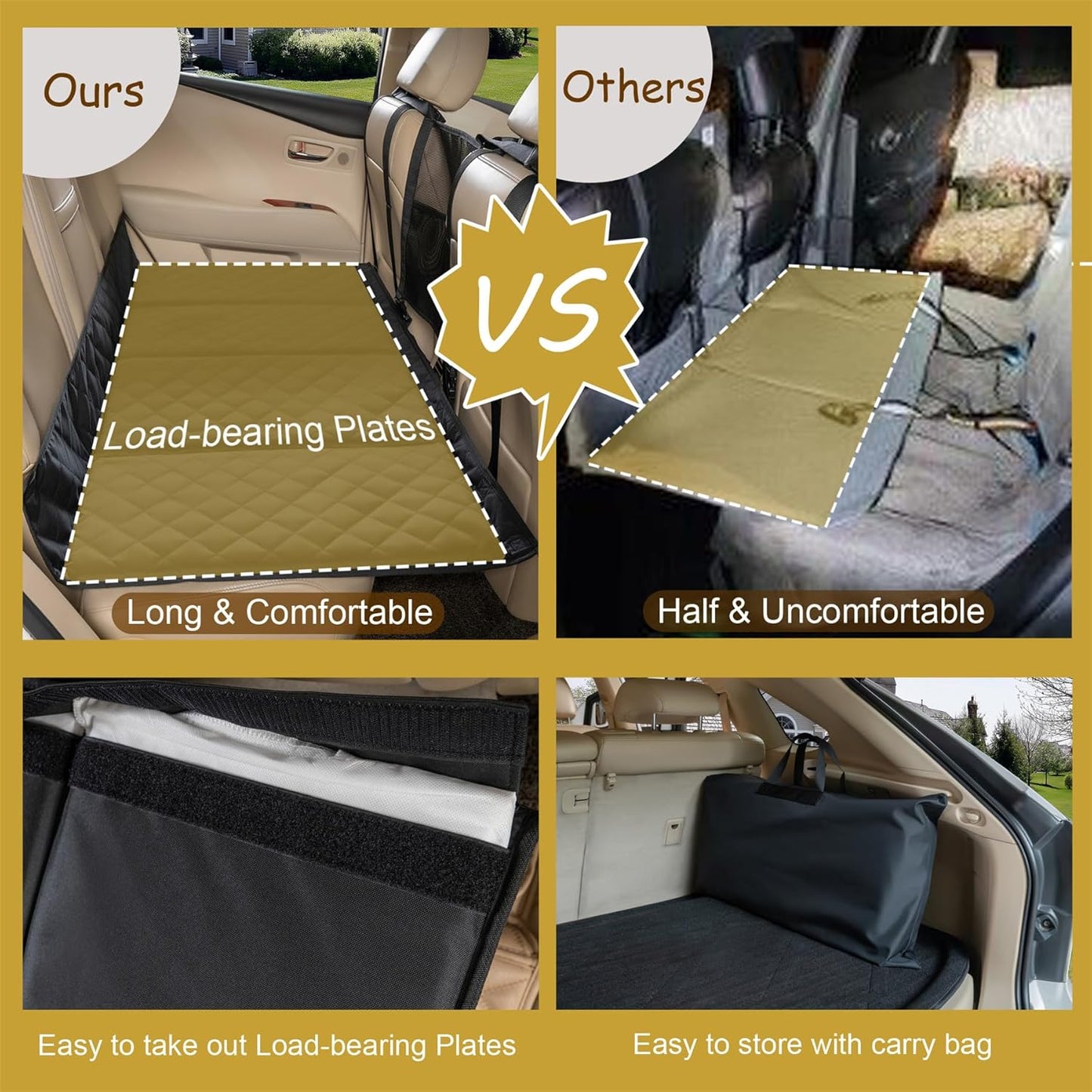 Car Bench Seat Extender for Dogs, Hammock Dog Bed with Firm Bottom for Car Camping Pet Travel Bed Mattress Pet Back Seat Protector for Standard Vehicles & SUVs (Black)