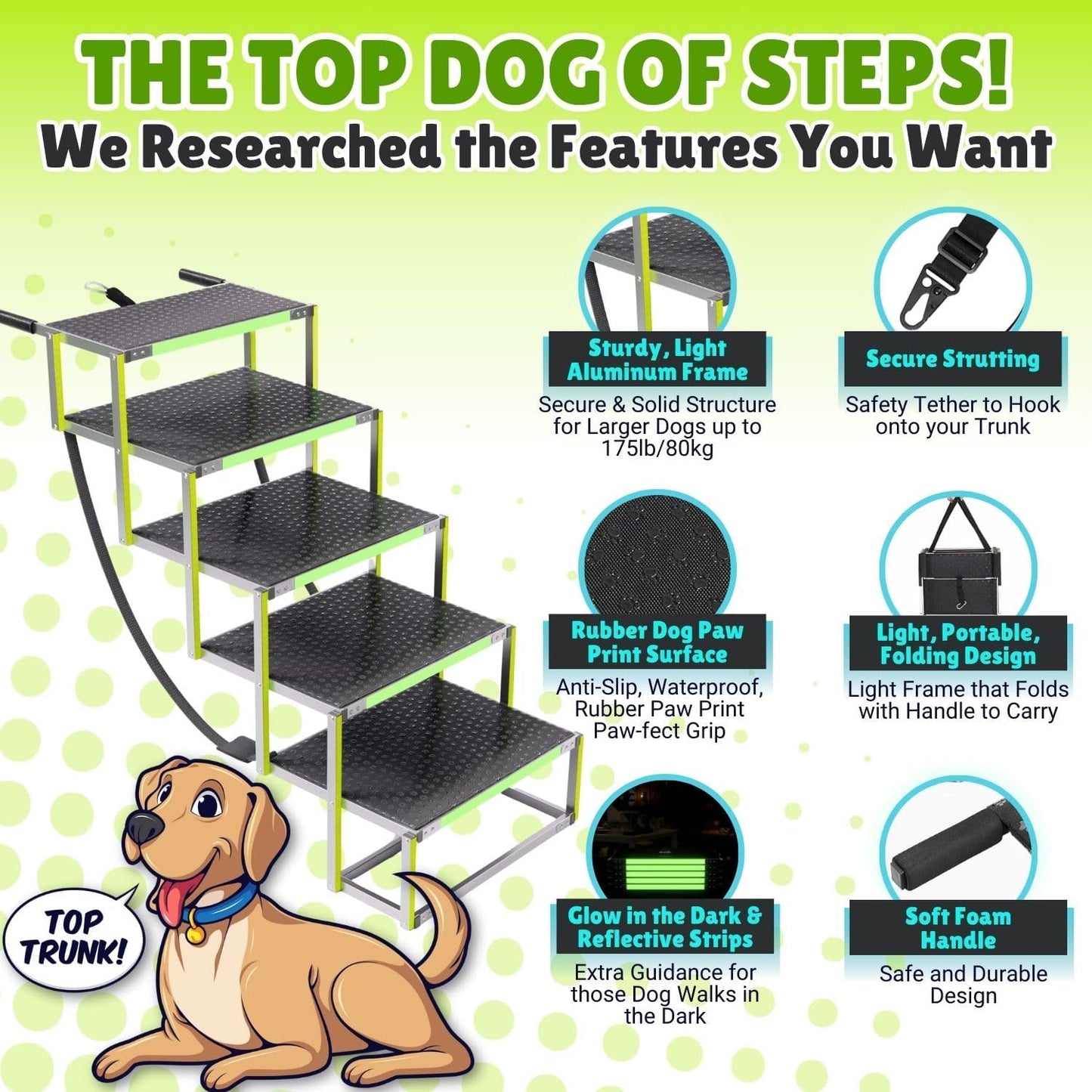 CreatureCops™ Dog Steps for Car | Glow-in-The-Dark, 175lb Support | Foldable, Non-Slip Dog Stairs for Large Dogs | Lightweight Aluminum with Carry Bag | 5 Steps for Car & Home