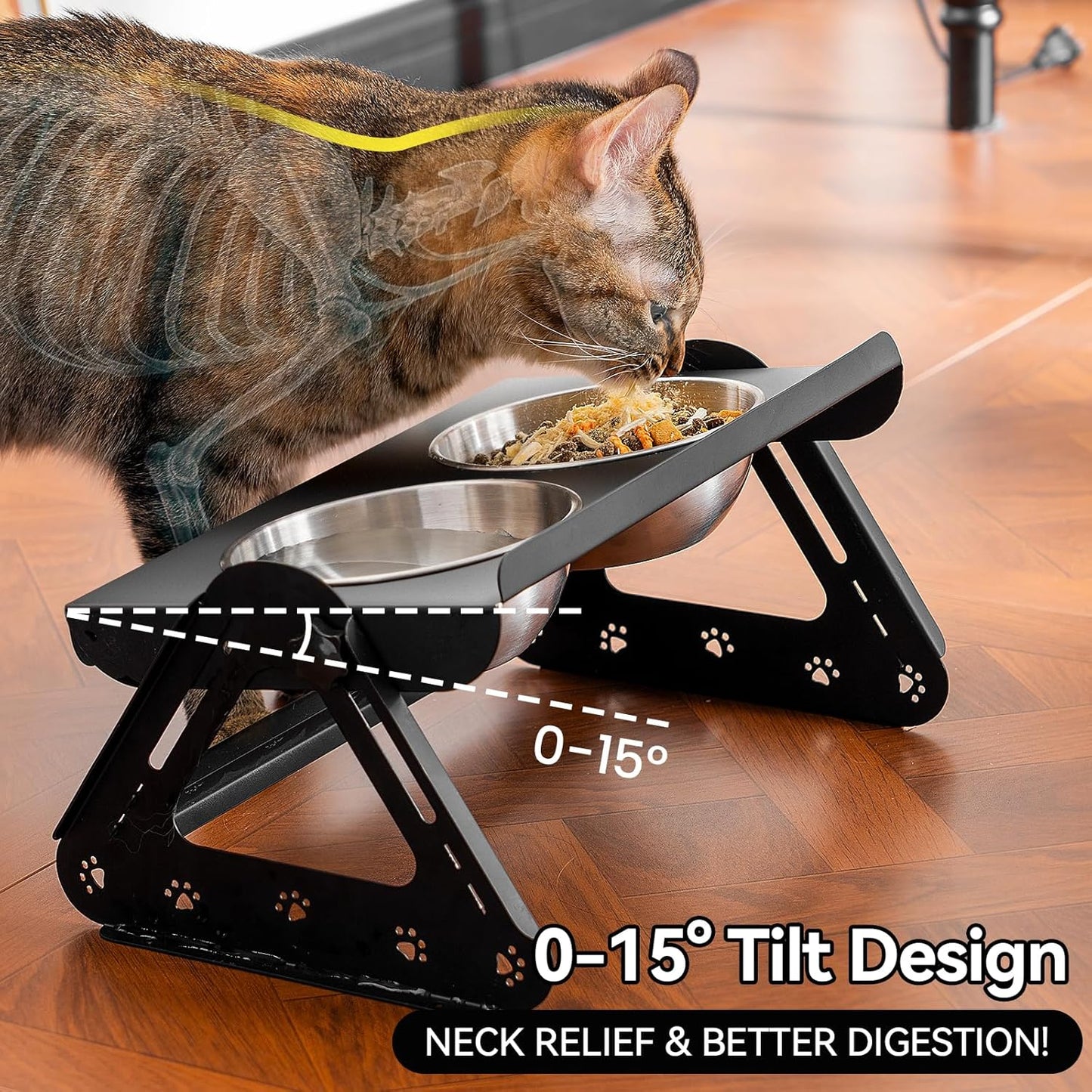 Elevated Dog Bowls with 2 400ml Stainless Steel Bowls for Small Medium Dogs Cats, 3.35''-6.3'' Height Adjustable and 15° Tilted Adjustment Raised Stand, Lifted Pet Food & Water Feeder