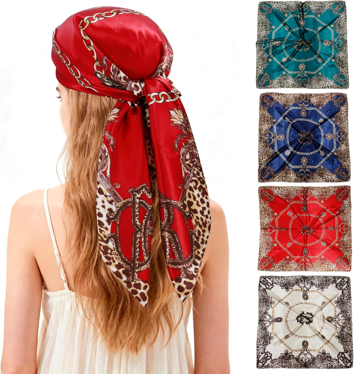 Ciormis 35" Silk Head Scarf for Women, 4 Pcs Satin Hair Scarf Square Silk Bandana Top Neck Scarves Hair Wraps for Sleeping