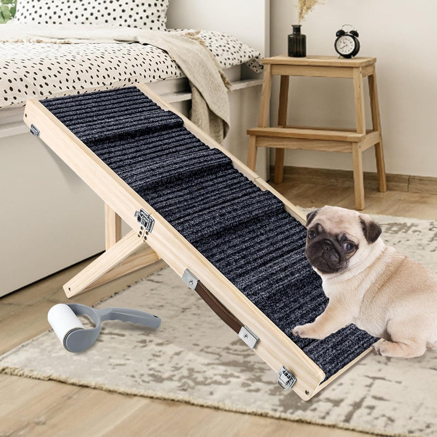 Wooden Folding Portable Pet Ramp. 4 Levels Adjustable 9" to 17.3" with Non-Slip 5 Paw Traction Mat for Small Medium Doggie. Dog Ramps-GY