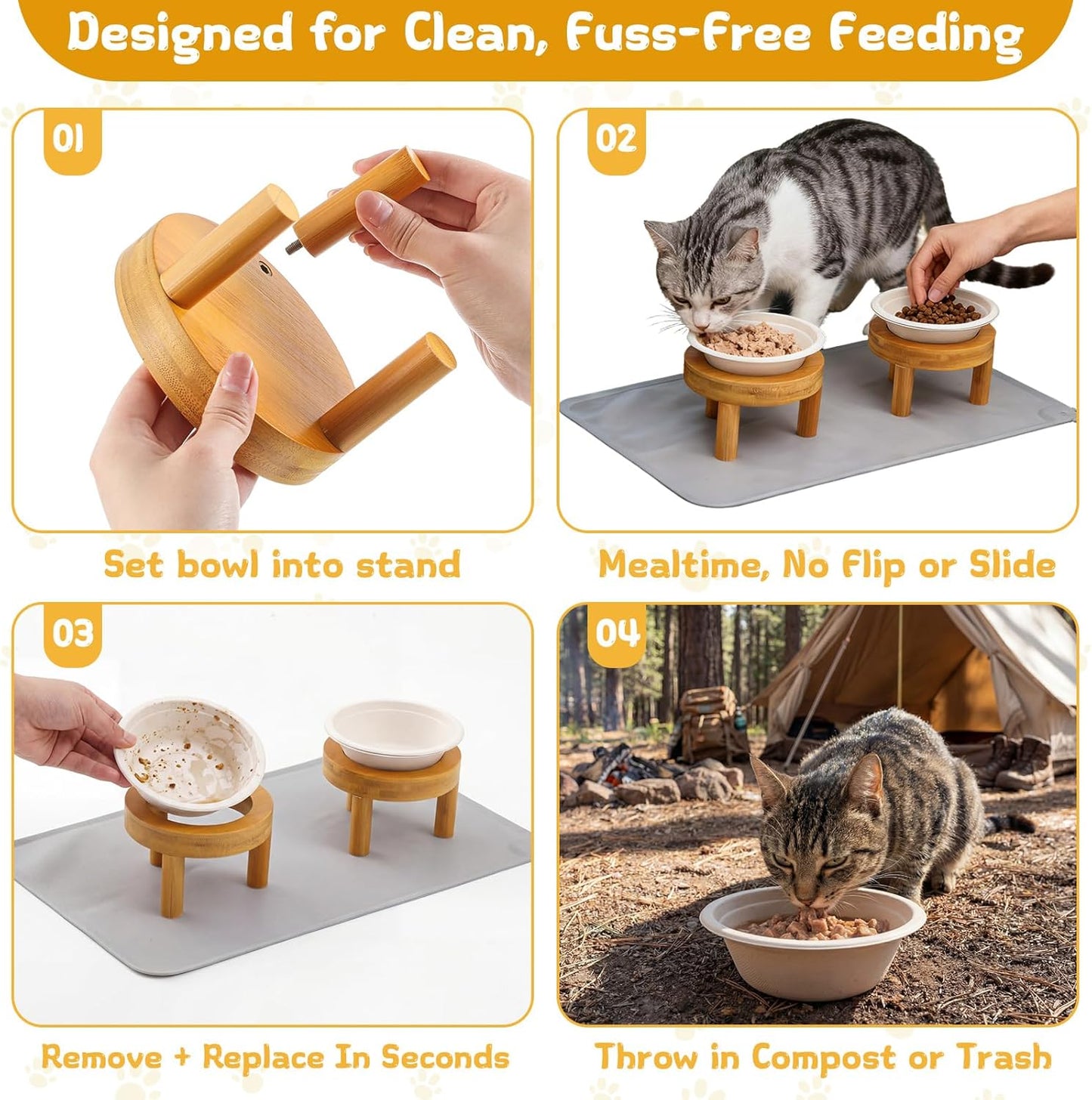 LemonRoad 53 Pcs 1.5 Cup Compostable Elevated Pet Feeding Bowls with Food Mat and Reusable Elevated Wood Stand for Wet and Dry Food Travel Outdoor Pet Care