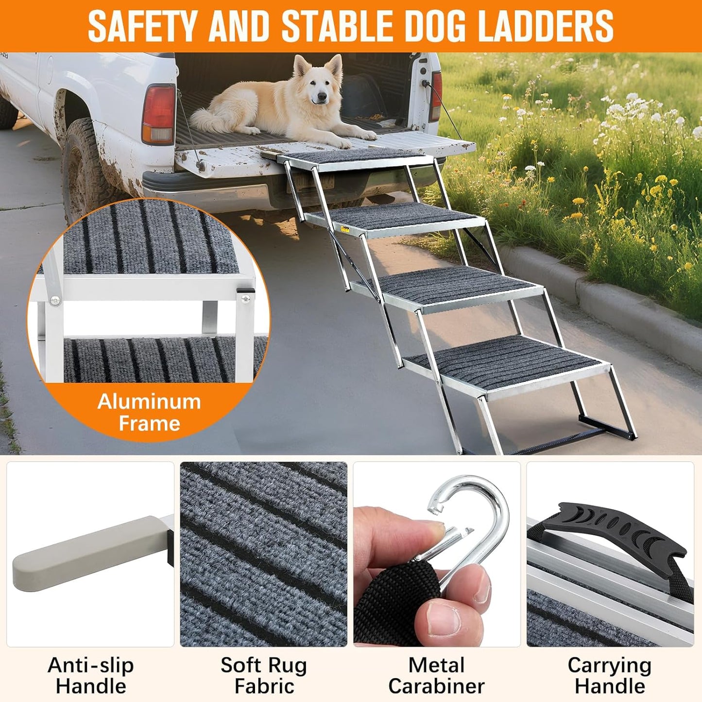 Dog Stairs for Large Dogs - 20" Extra Wide 4-Step Foldable Dog Ramp for Car/SUV/Truck & High Beds - Supports Large Dogs up to 200Lbs