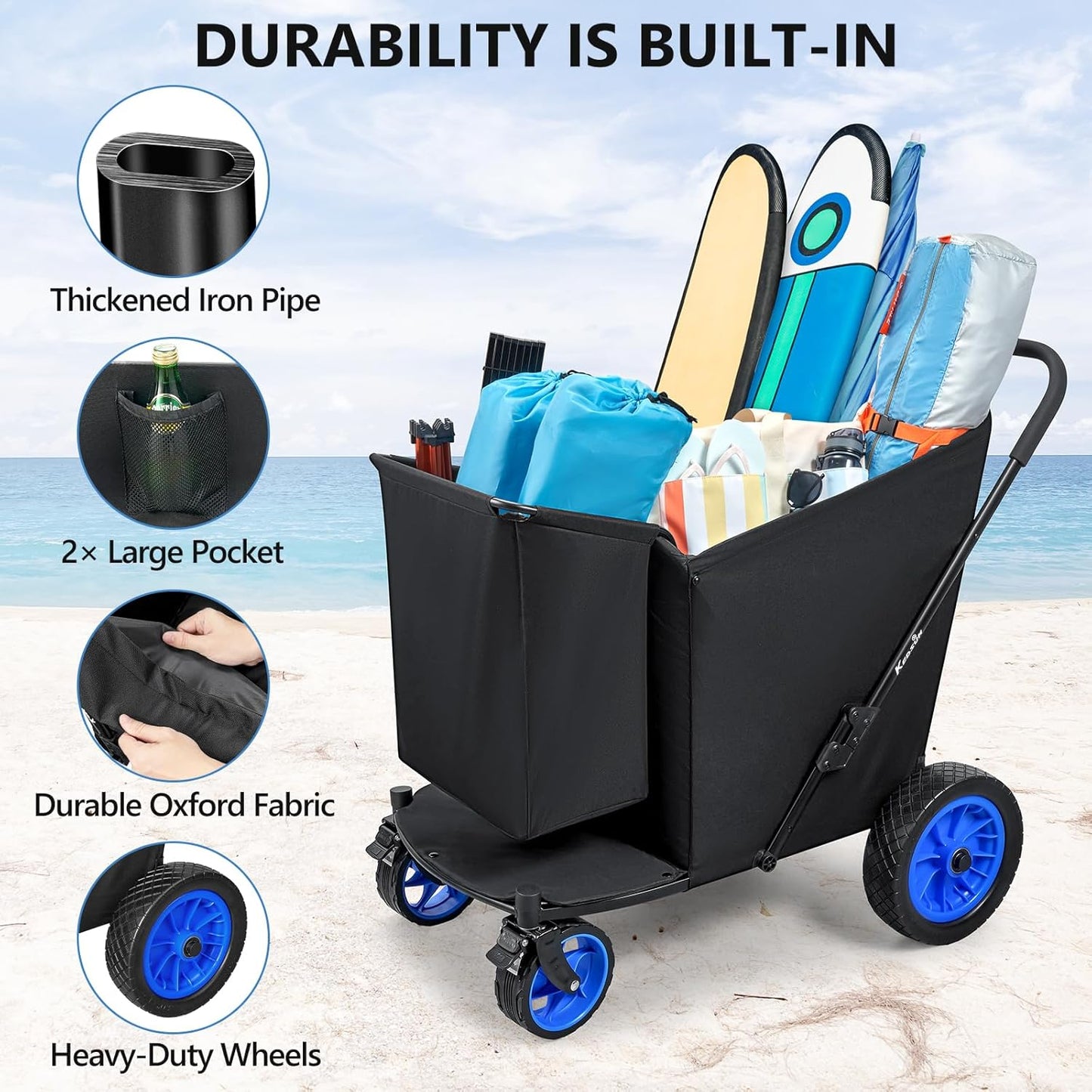 KEDSUM Beach Wagon with Big Wheels for Sand, 400LBS Heavy Duty Beach Cart with 12" All Terrain Rubber Wheels, 320L Large Capacity Collapsible Wagon for Garden Sports Camping Outdoor Activities