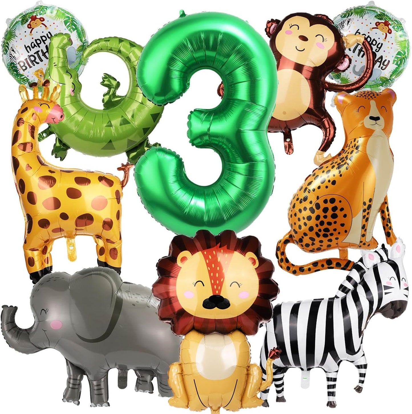 10pcs Jungle Safari Animal Balloons, Cute Jungle Theme Zoo Party Supplies Monkey Elephant Zebra Leopard Crocodile Giraffe Shaped for Birthday Party Decor (Number 3)