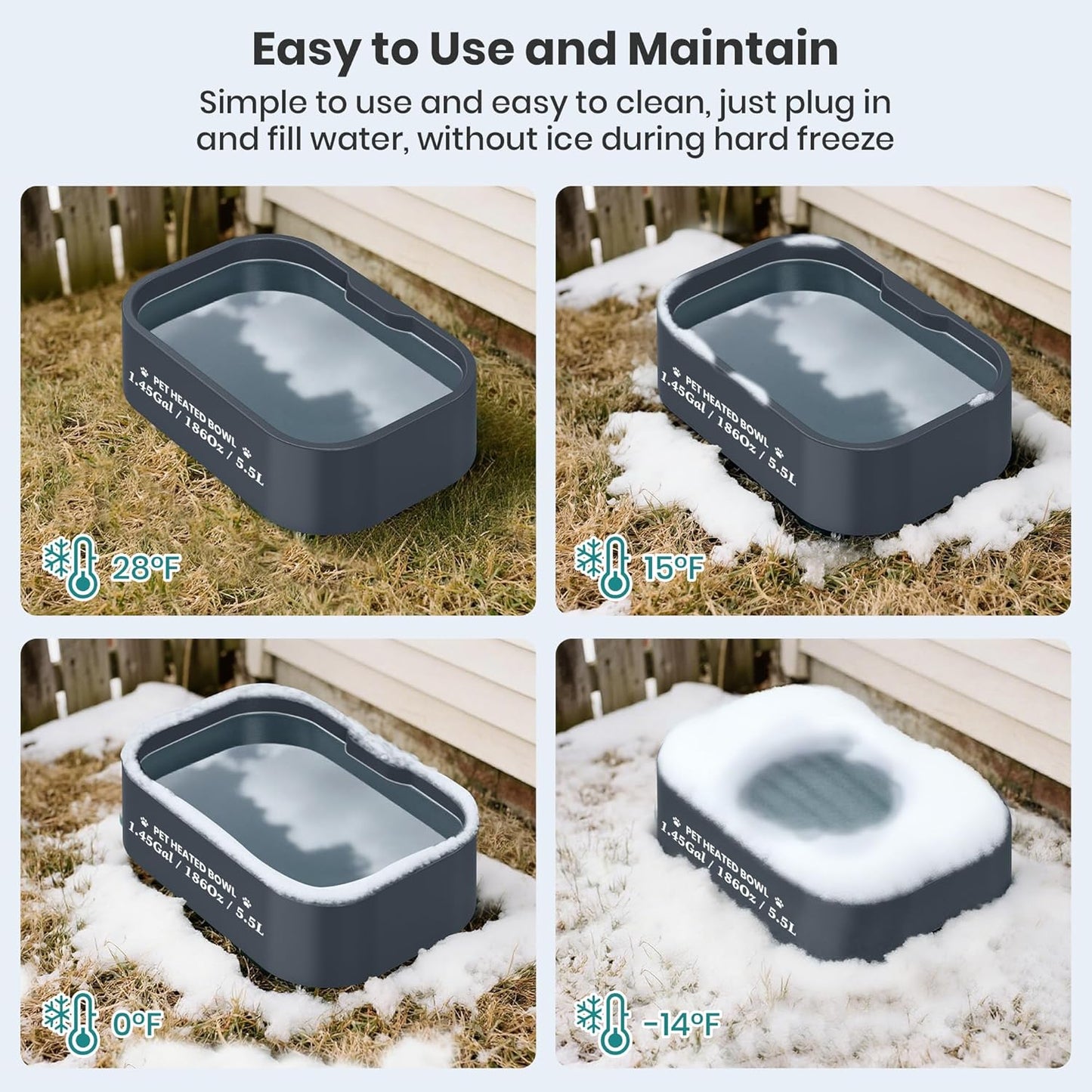 1.45 Gal/5.5L Heated Water Bowl, Extra Large Heated Dog Bowls for Outside, Safety Listed Heated Pet Bowl with Anti-Chew Cord for Dog & Cat Drinking Water in Winter, BPA-Free, Anti-Slip Base(Grey)