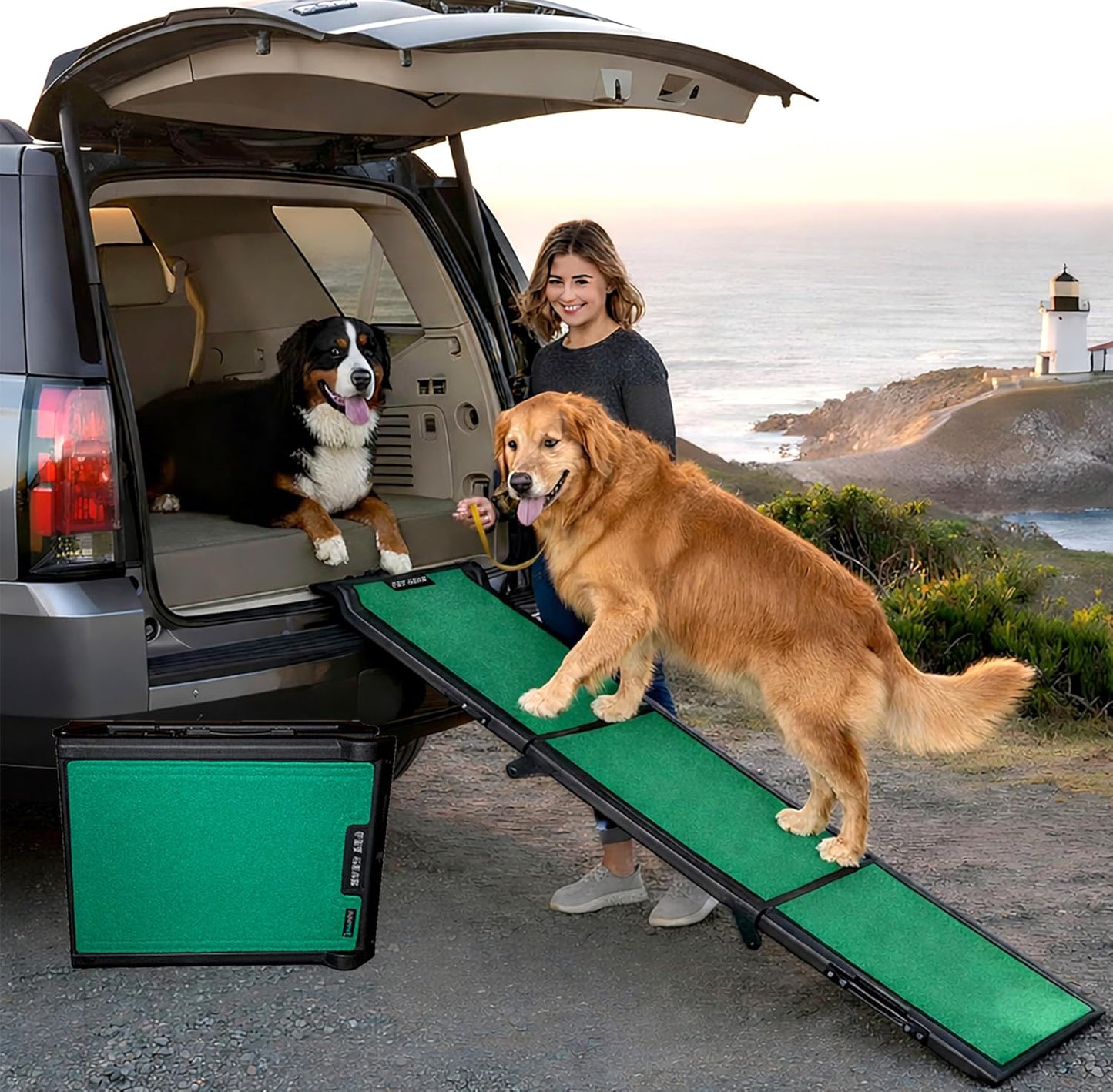 Pet Gear Tri-Fold Portable Pet Ramp for Dogs and Cats, 71" Long, Extra Wide, Holds up to 200lbs, Patented Design, Compact/Easy Fold with Safety Tether, Green Trax