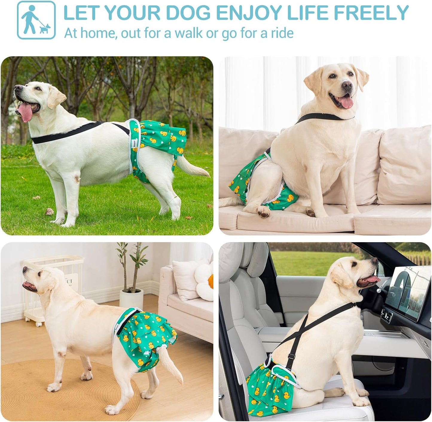 Avont 3 Pack Washable Female Dog Diaper with 1 Suspender, Reusable Girl Doggie Underwear Pants for Heat Cycle Period Incontinence Detachable Strap -Animal Pattern XL