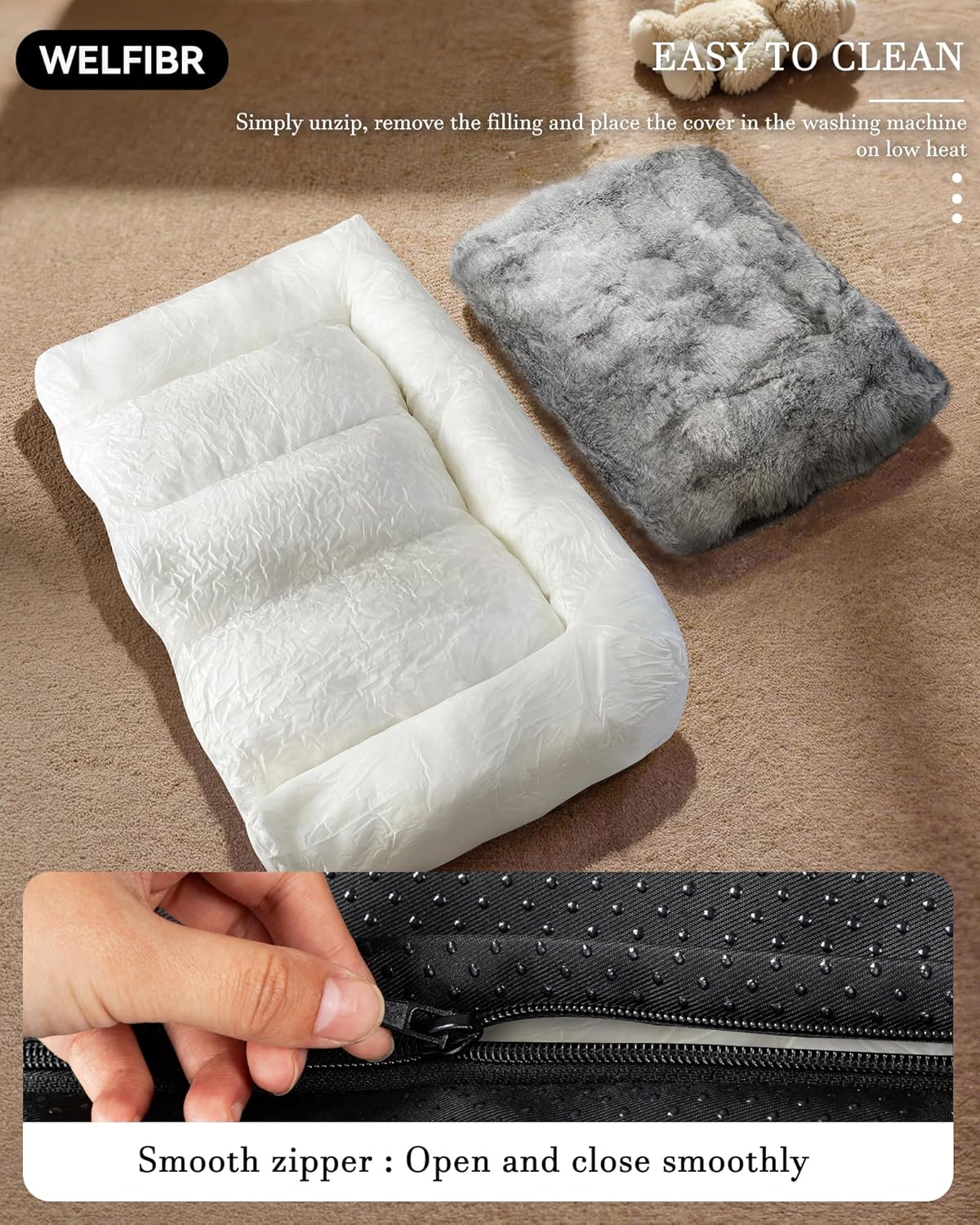 48“ Dog Bed with Shredded Foam Filling, Calming Pet Sofa with Removable Washable Cover, Soft Faux Fur Bolster Couch for Dogs, Anti-Slip Bottom
