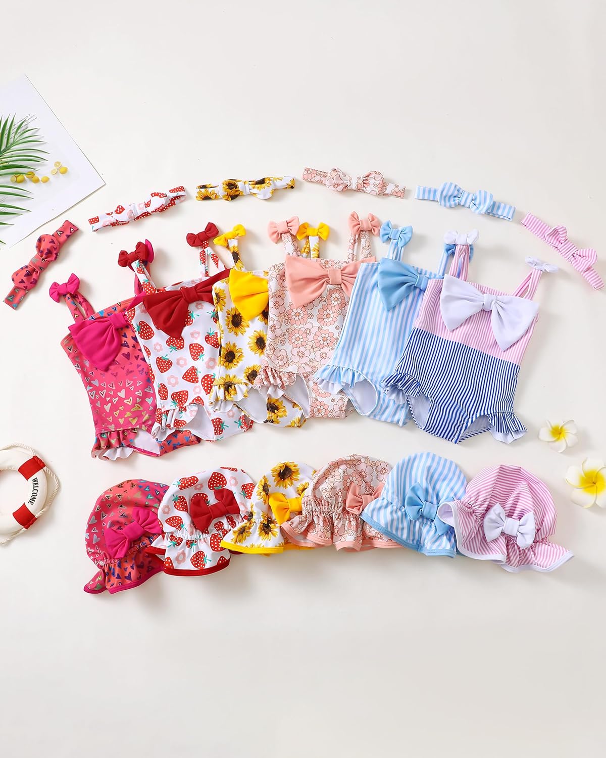 Renotemy Baby Girl Swimsuit Infant Bathing Suit Swimwear Sleeveless Bikini Tankini Toddler Girl One-Piece Swimsuit with Hat