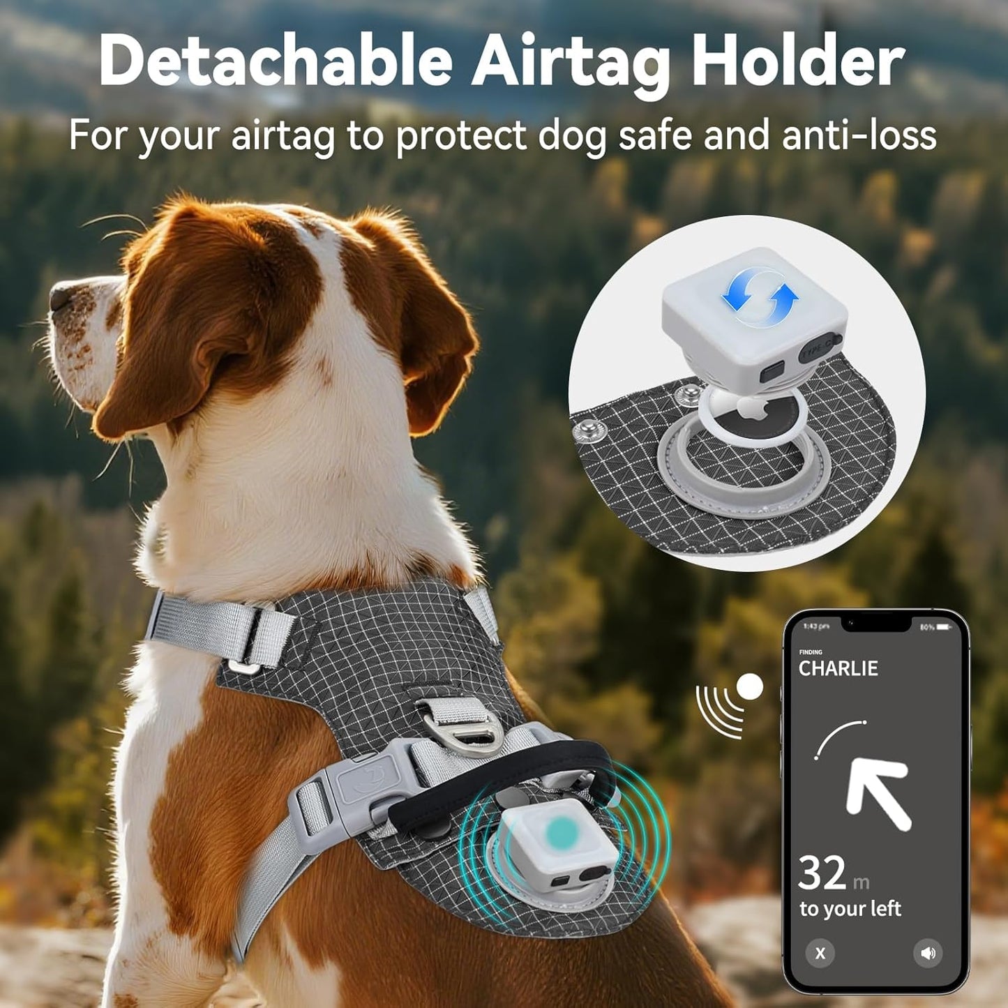 Joytale No Pull Dog Harness with AirTag Holder, Soft Night Safety Light up Dog Harness with Control Handle and 2 Clips, Adjustable Lightweight Dog Vest for Large Sized Pet Everyday Use, Black, L