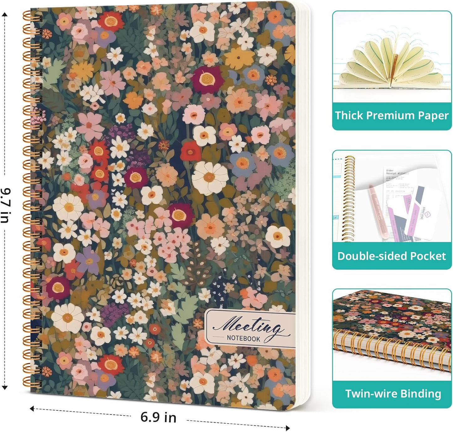 Meeting Notebook for Work Organization - Work notebook with action items, Meeting Minutes Planner Notebook, Perfect Office Supplies for Men & Women - Garden
