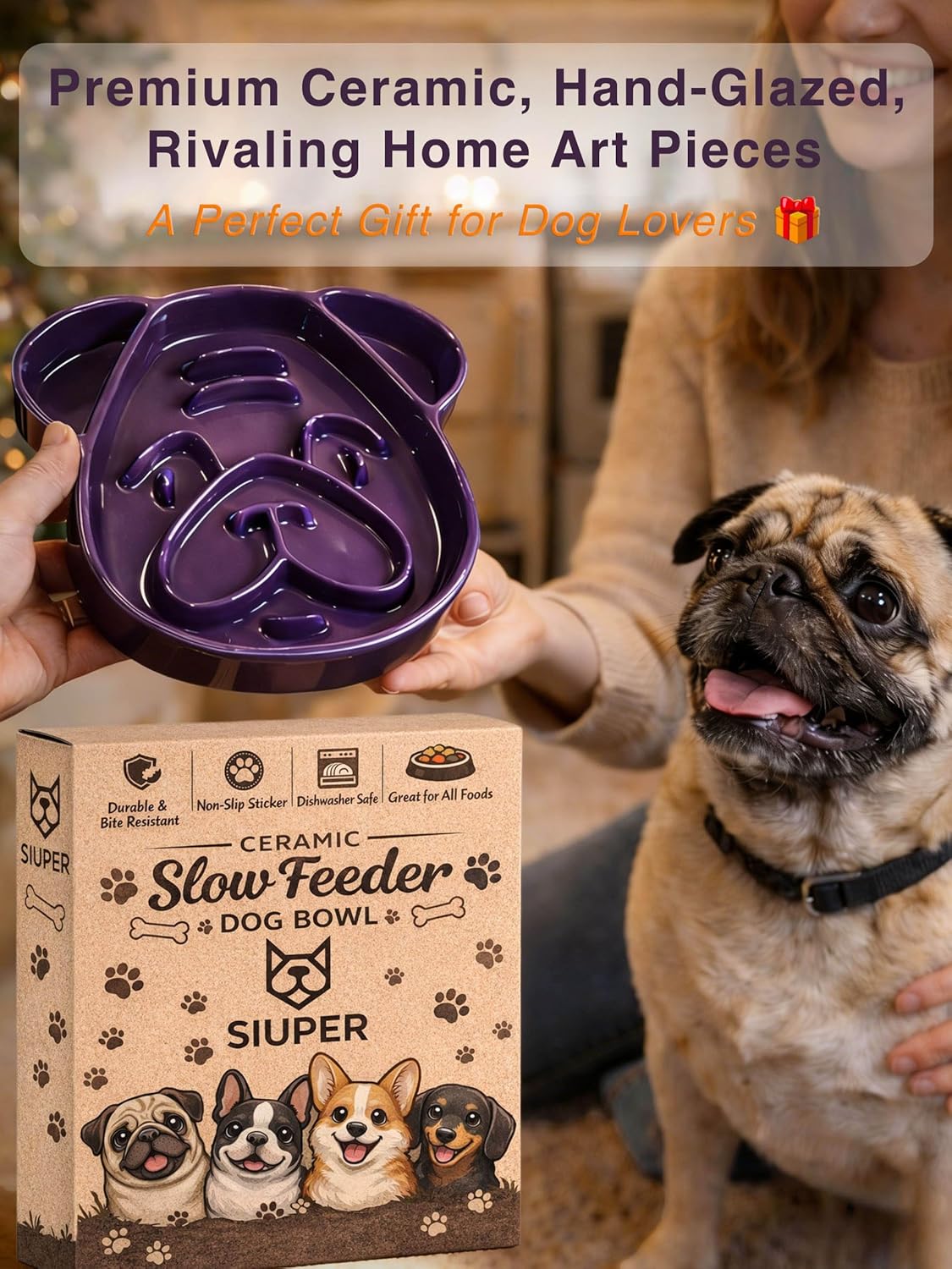 Art Ceramic Slow Feeder Pug Shape, 1.5 Cups Dog Bowl for Small & Medium Breed. Bite-Resistant, Dishwasher Safe, Maze Design to Prevent Fast Eating, Bloat, Choking. Gift for Pet Lovers, Purple