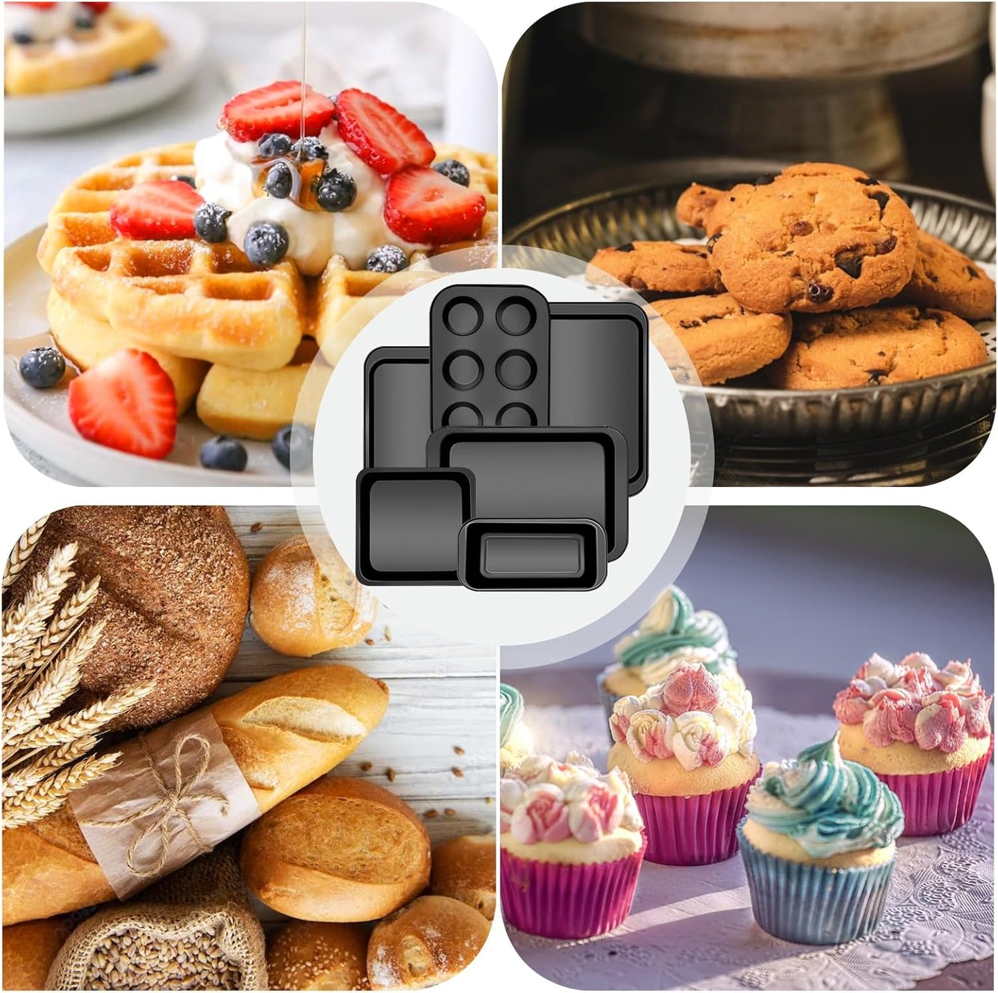 6-Piece Carbon Steel Bakeware Set, Nonstick Baking Pans with Cookie Sheet, Deep Roaster, Square Pan, Loaf Pan, Muffin Pan for Cooking,Baking Pans Set (black)
