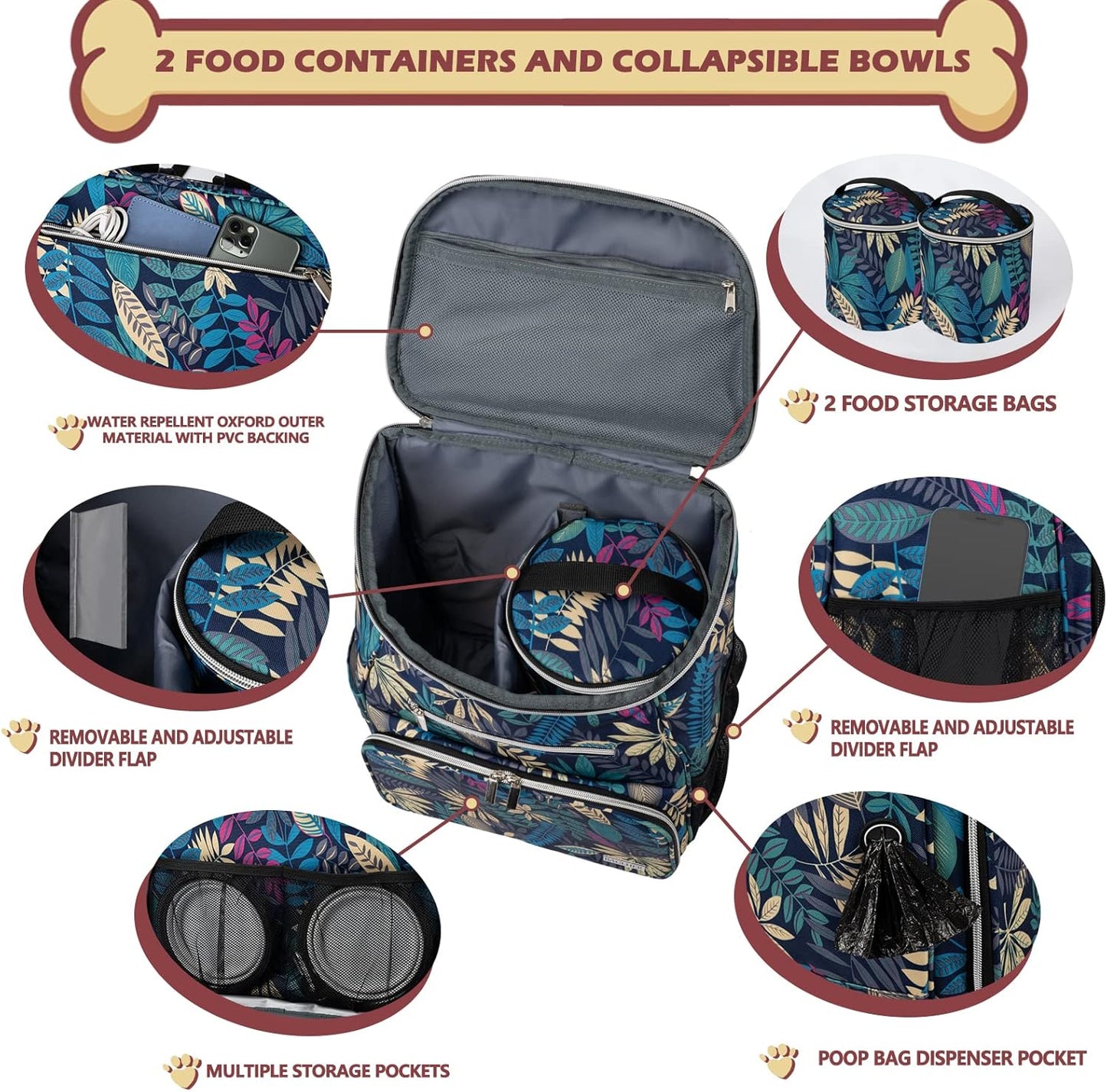 BAGLHER Dog Travel Bag Backpack, Airline Approved Pet Supplies Backpack, Dog Travel Bag with 2 Silicone Collapsible Bowls and 2 Food Baskets Hawaii