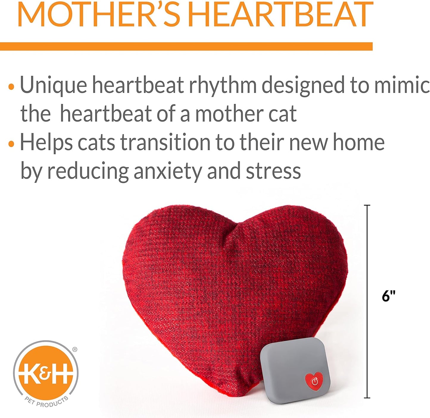 K&H Pet Products Mother's Heartbeat Plush Kitten Calming Toy Heart Pillow Red Kitten Heartbeat 6 Inch