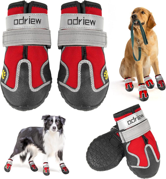 Dog Shoes Large Size Dogs, Medium Dog Booties-Dog Boots & Paw Protectors, 4PCS Shoes for Dogs with Reflective Strip, Anti-Slip Sole for Hot Pavement, Rain, Snow Walking, Hiking. (Red, 6)