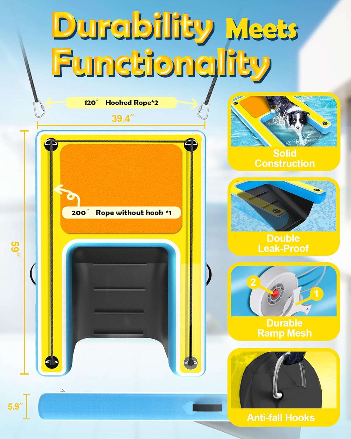 Inflatable Dog Ramp – 60"x40" Extra Large Boat Ramp for Dogs Up to 240 lbs, Non-Slip Puncture-Resistant Inflatable Dock Floating Platform, Pool Floats Platform for Lakes, Boats, Lake, Trip