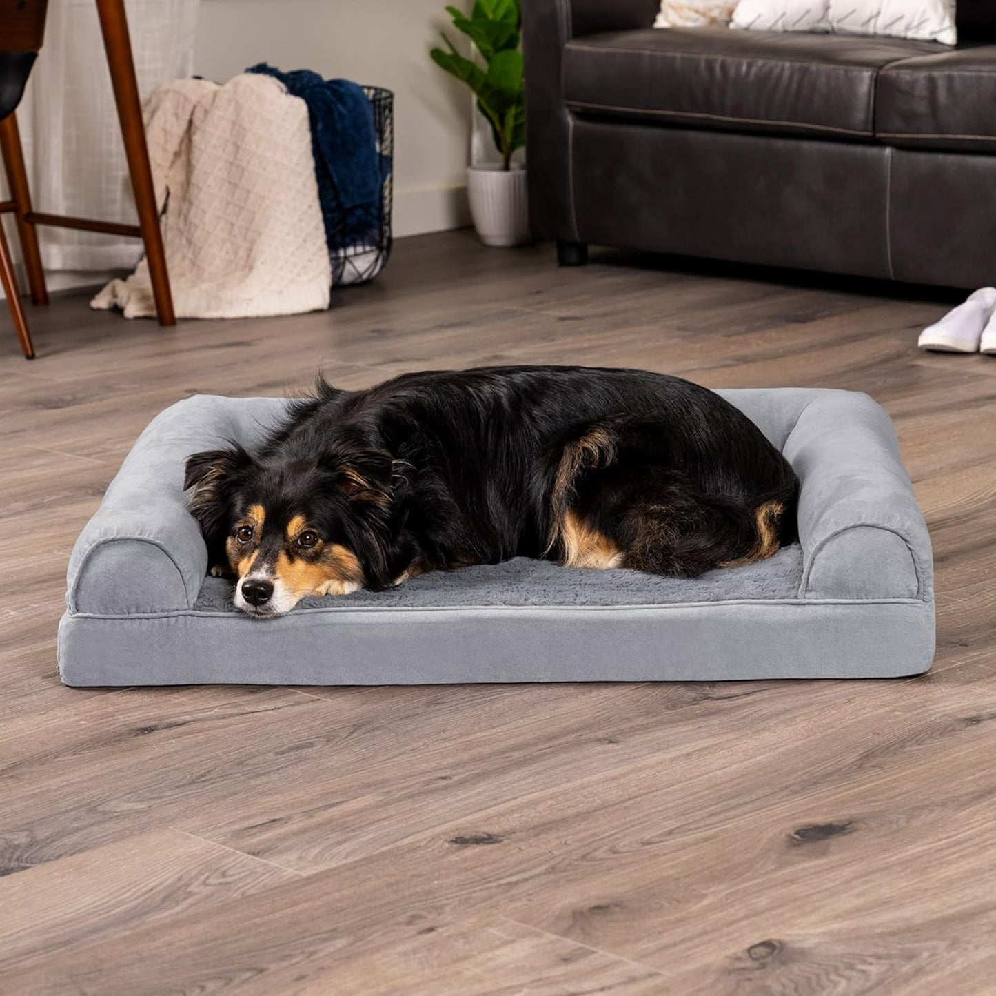 Furhaven Dog Bed Sofa Plush & Suede Sofa - Gray, Large W/Same Size Waterproof Liner