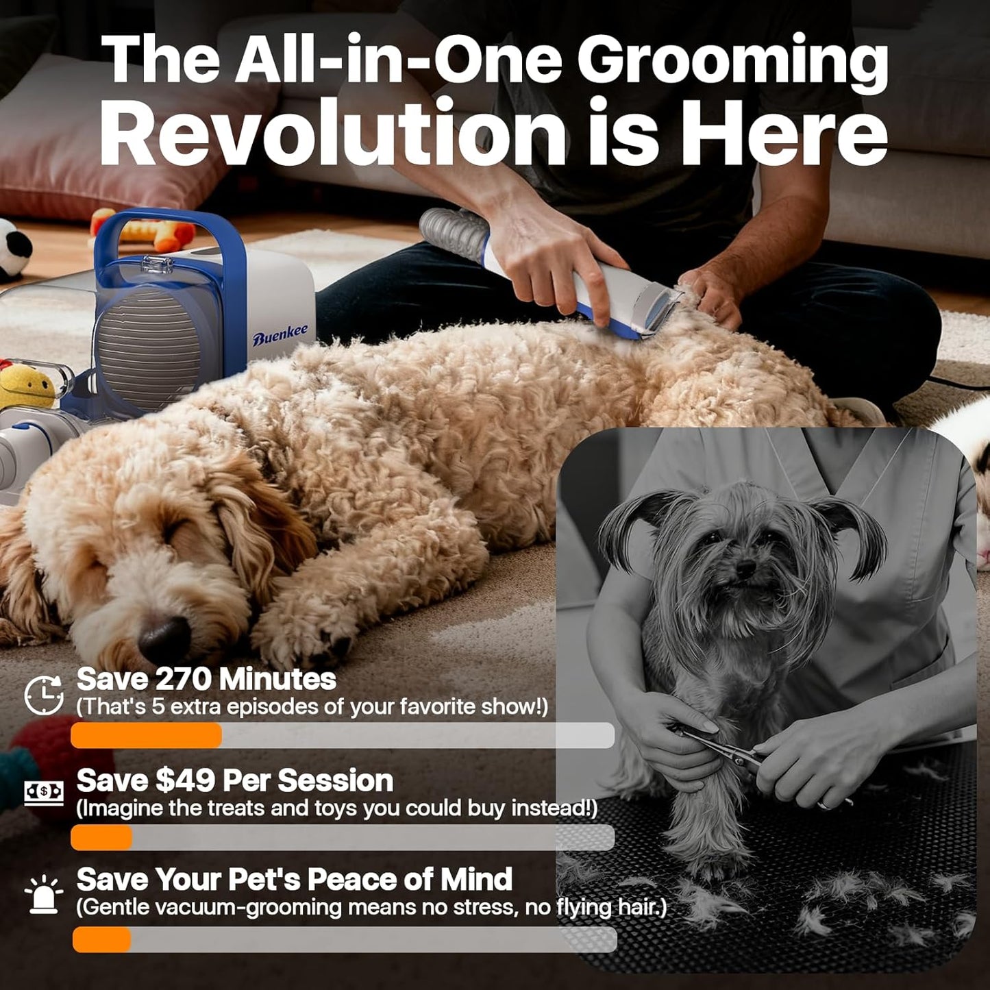 Dog Grooming Kit with Vacuum, 15000Pa Pet Hair Clipper and Shedding Brush, 50dB Low Noise, 2L Capacity, White