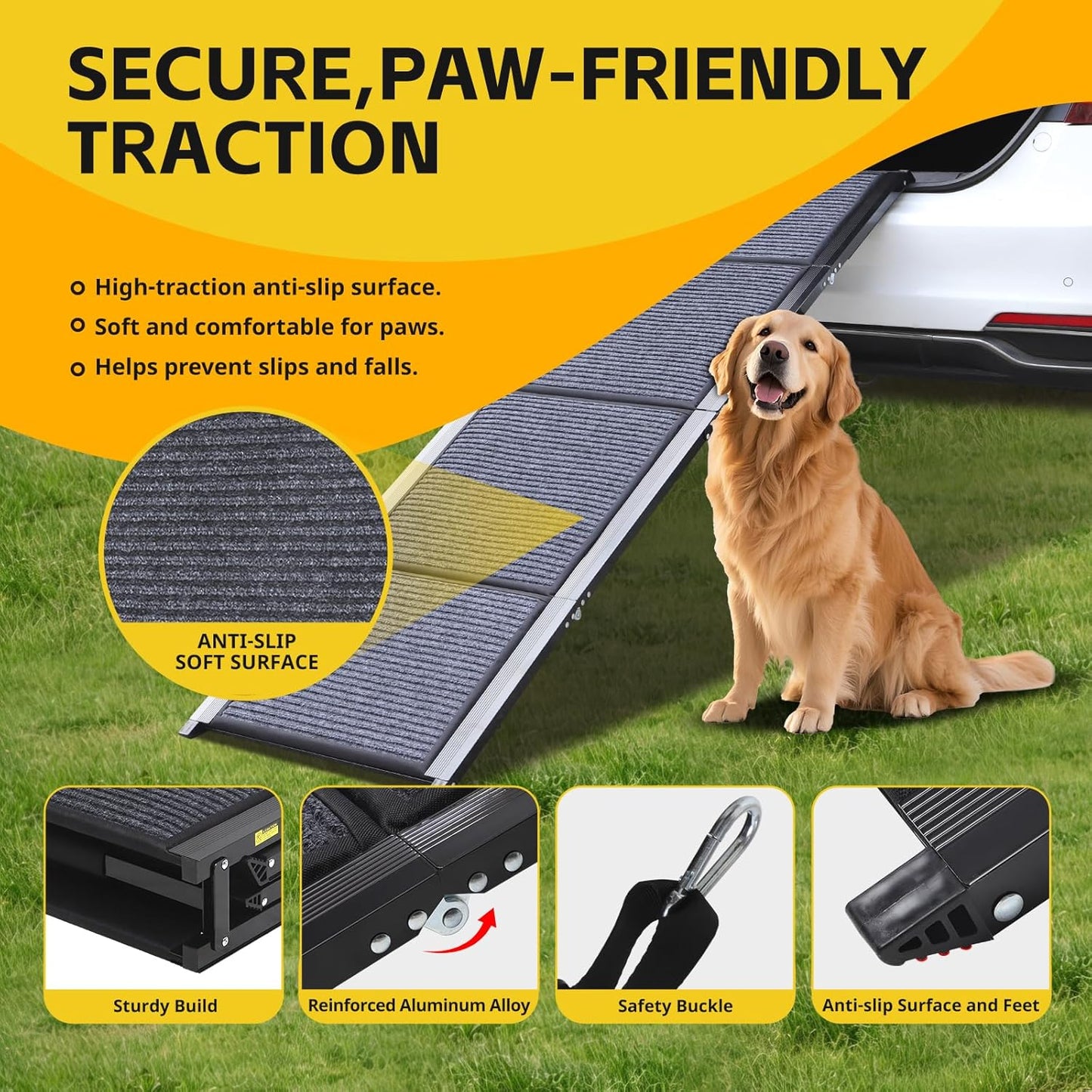 PawStep Extra Long Folding Dog Ramp 71" x 20" Portable Pet Ramp with Anti-Slip Rug Surface Heavy-Duty Aluminum Ramp for SUVs Trucks & Large Dogs up to 250 lbs 51177