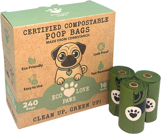Certified Compostable Dog Poop Bags - 240 Bags (16 Rolls), Eco Friendly Plant Based and Plastic Free, ASTM D6400 Certified, Leakproof Unscented