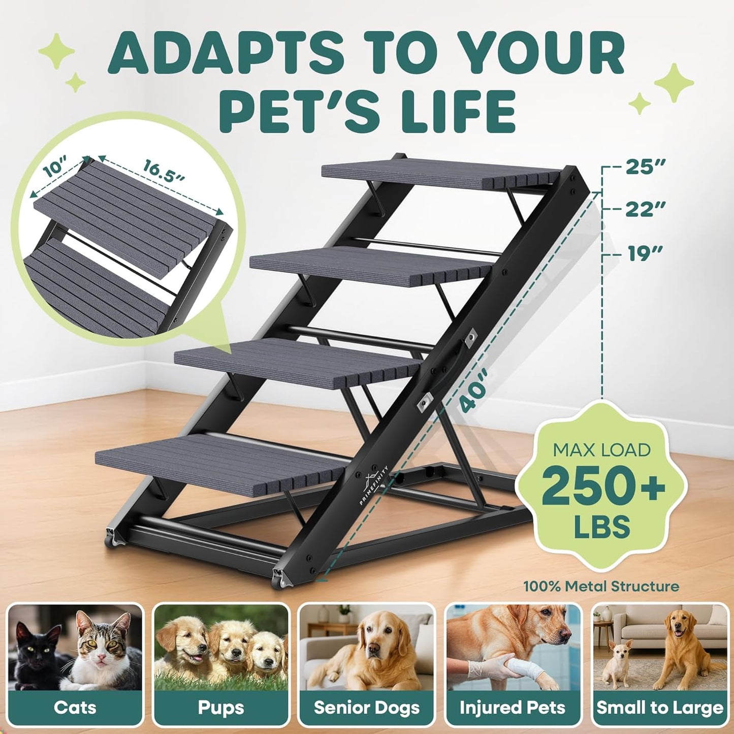 2-in-1 Metal Dog Ramp/Stairs, Dog Ramp for Bed, Couch and Car, Nonslip Carpet, Wheels, up to 250lbs, Outdoor Indoor, (40" Lx17 W) 19" to 25" Adjustable Height, for Small Medium Large Pets