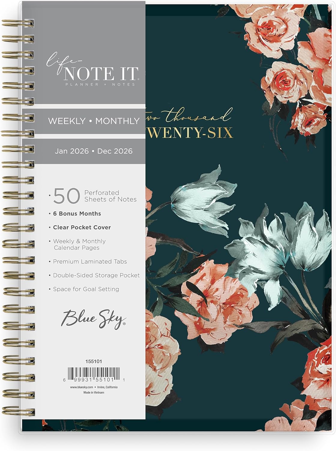 Blue Sky Life Note It 2026 Weekly and Monthly Planner Notes, January 2026 - December 2026, 5.875" x 8.625", Clear Pocket Cover, Durable Twin Wire Binding, Storage Pocket, 50 Perforated Notes Sheets, Dania Dark