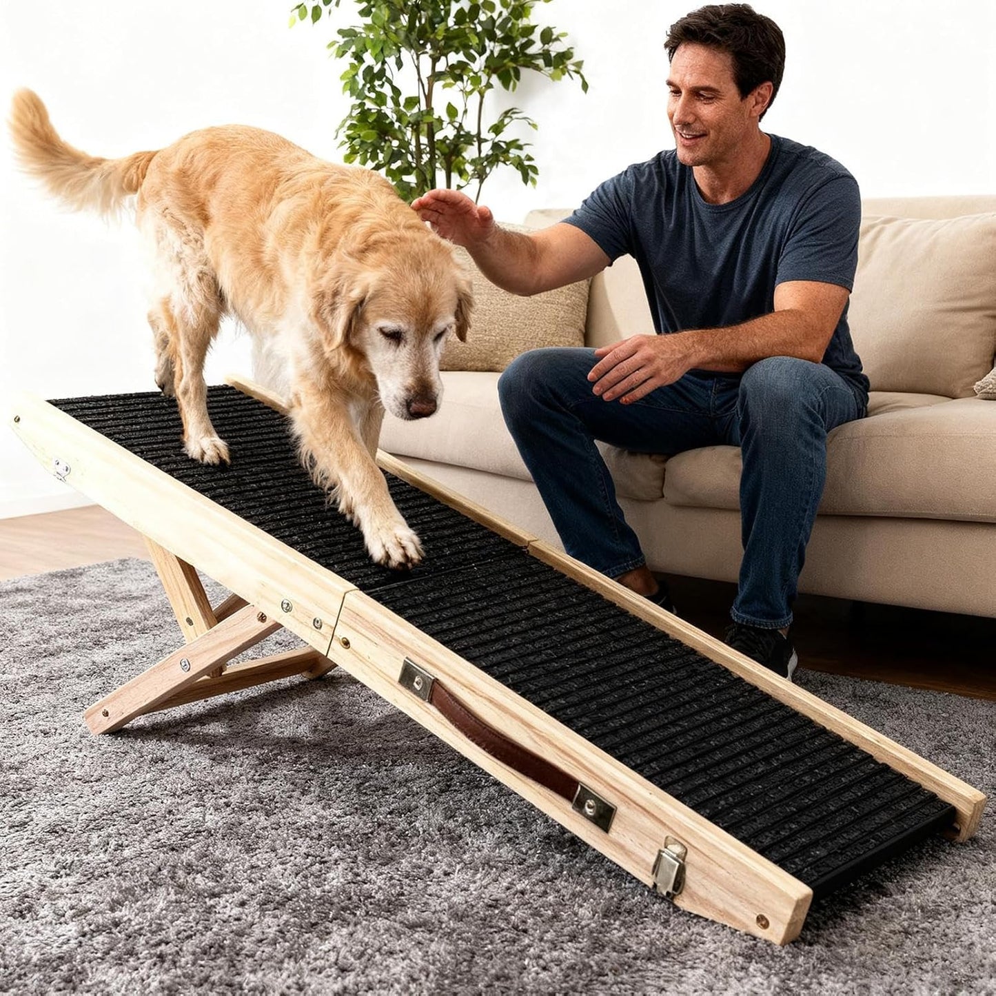 Pet Ramp - Adjustable Foldable Wooden Ramp for Dogs and Cats to Climb Beds, Sofas, and Vehicles, Non Slip with Comfortable Incline Space Saving Foldable Design Safe Indoor SUV Furniture Access