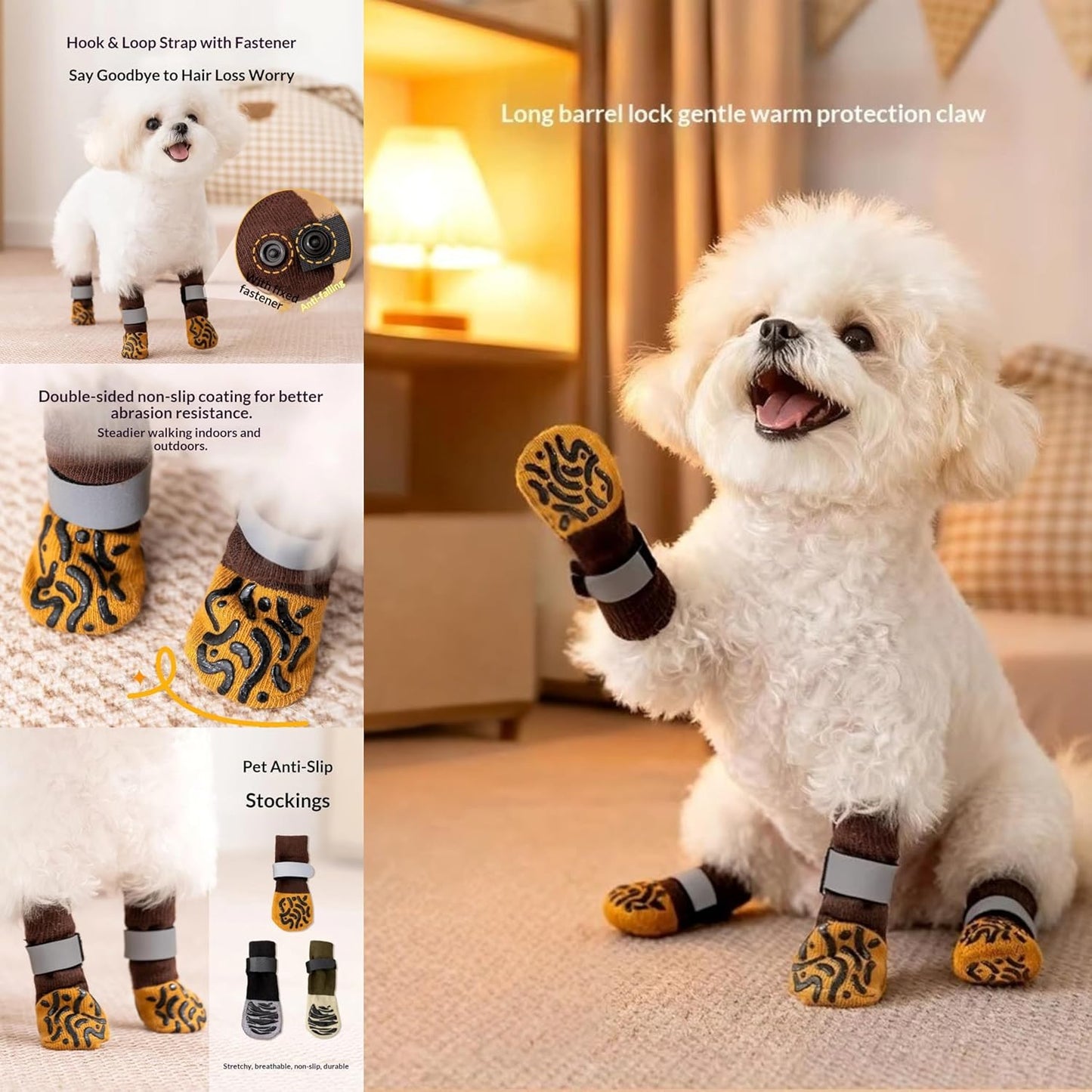 Double Sides Non-Slip Dog Socks to Prevent Licking Paws - Anti-Slip, Strong Traction for Paw Protector, Senior Dogs, Hardwood Floors, Dog Booties with Extra Thick Grippy Socks - Size Medium (4 Socks)