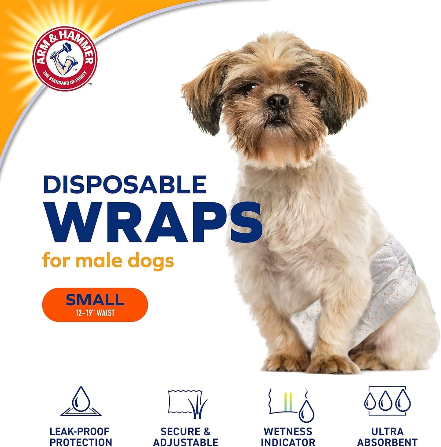 Arm & Hammer Small Male Dog Wraps, Disposable Belly Band Diapers with Baking Soda Odor Control, Super Absorbent Leak Resistant Design for Marking and Incontinence, 12-19 Inch Waist, 12 Count