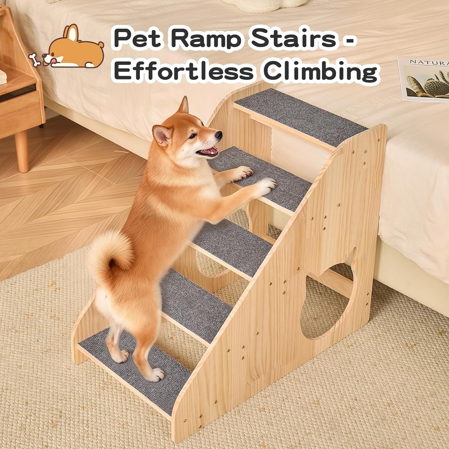 Dog Stairs for Small Medium Large Dogs 22.44" H Load Capacity 150lbs Solid Wood Non-Slip Sturdy Pet Steps for Bed & Couch 5 Step 15.75 * 27.56 * 22.44"