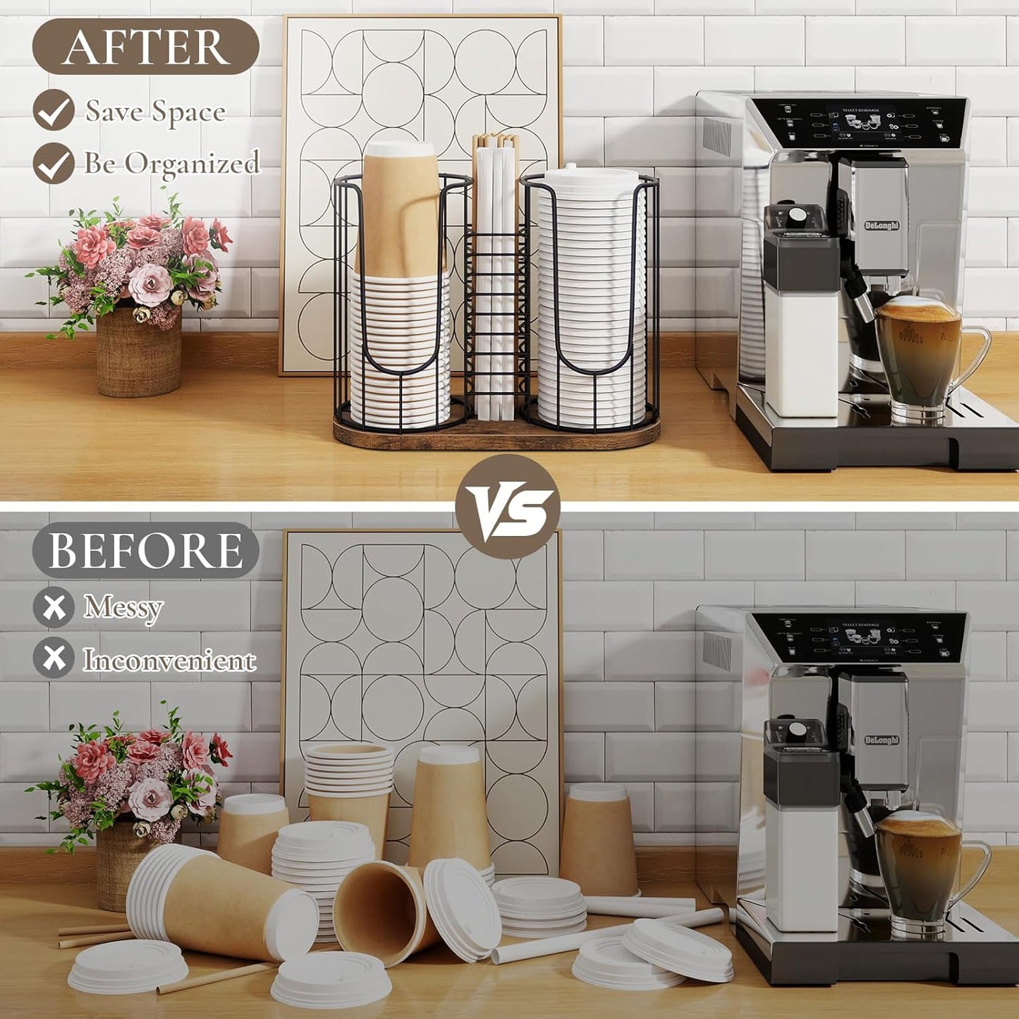 Coffee Cup Holder 18oz 3-Compartment Paper Cup Dispenser Rack with Wood Base - Disposable Cup, Straw & Lid Organizer 3-in-1 Storage for Countertop, Coffee Bar, Kitchen, Office