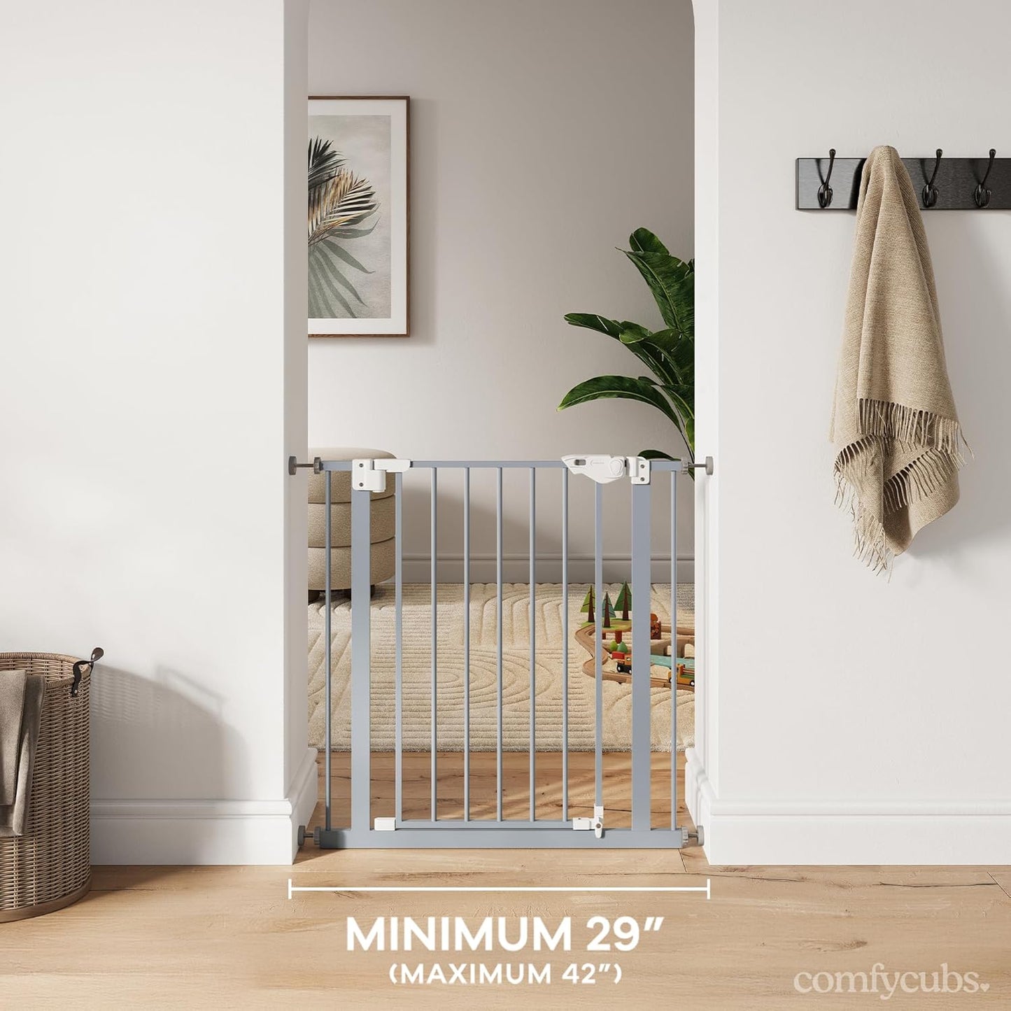 Comfy Cubs Baby Safety Gate with 3 Extensions - Adjustable 42" x 1.9" x 30" Q195 Steel Doorway Barrier - Powder-Coated Finish for Stairs and Doorways - Walk-Through Design Pet Gate - Pacific Blue
