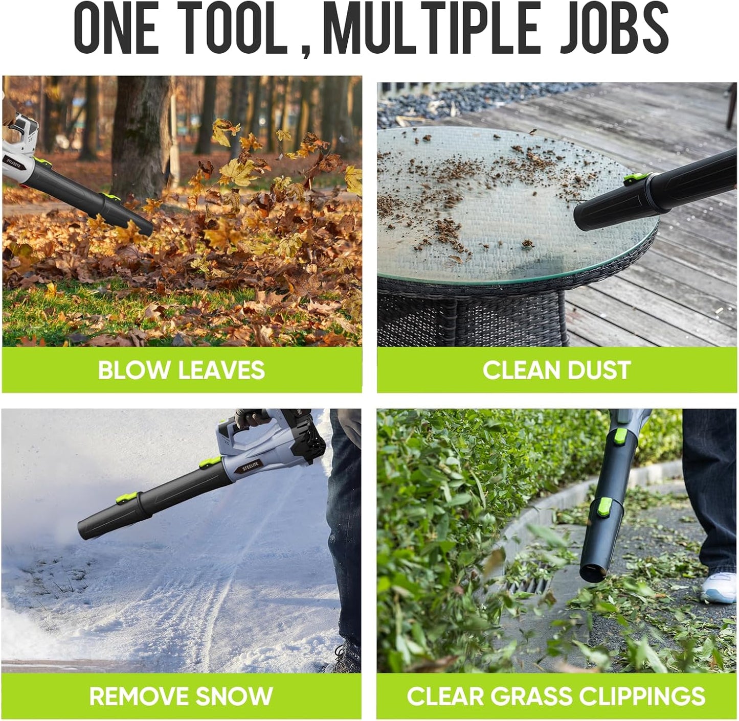 STEELITE 21V Cordless Leaf Blower, 150 MPH 600 CFM High-Performance Airflow, Lightweight Electric Blower for Lawn Care, Patio Cleaning, Leaves & Dust, Includes 2 x 2.0Ah Batteries - Green