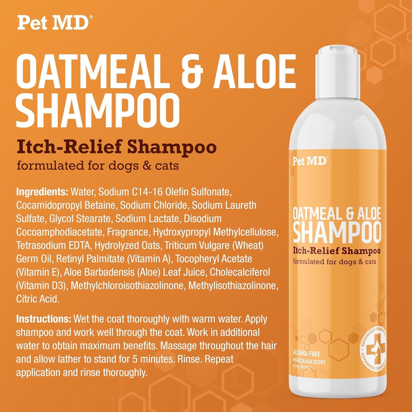 Pet MD - Oatmeal Dog Shampoo Cats and Dogs for Itch Relief and Moisturizer for Dry Skin and Coat - 16 Oz